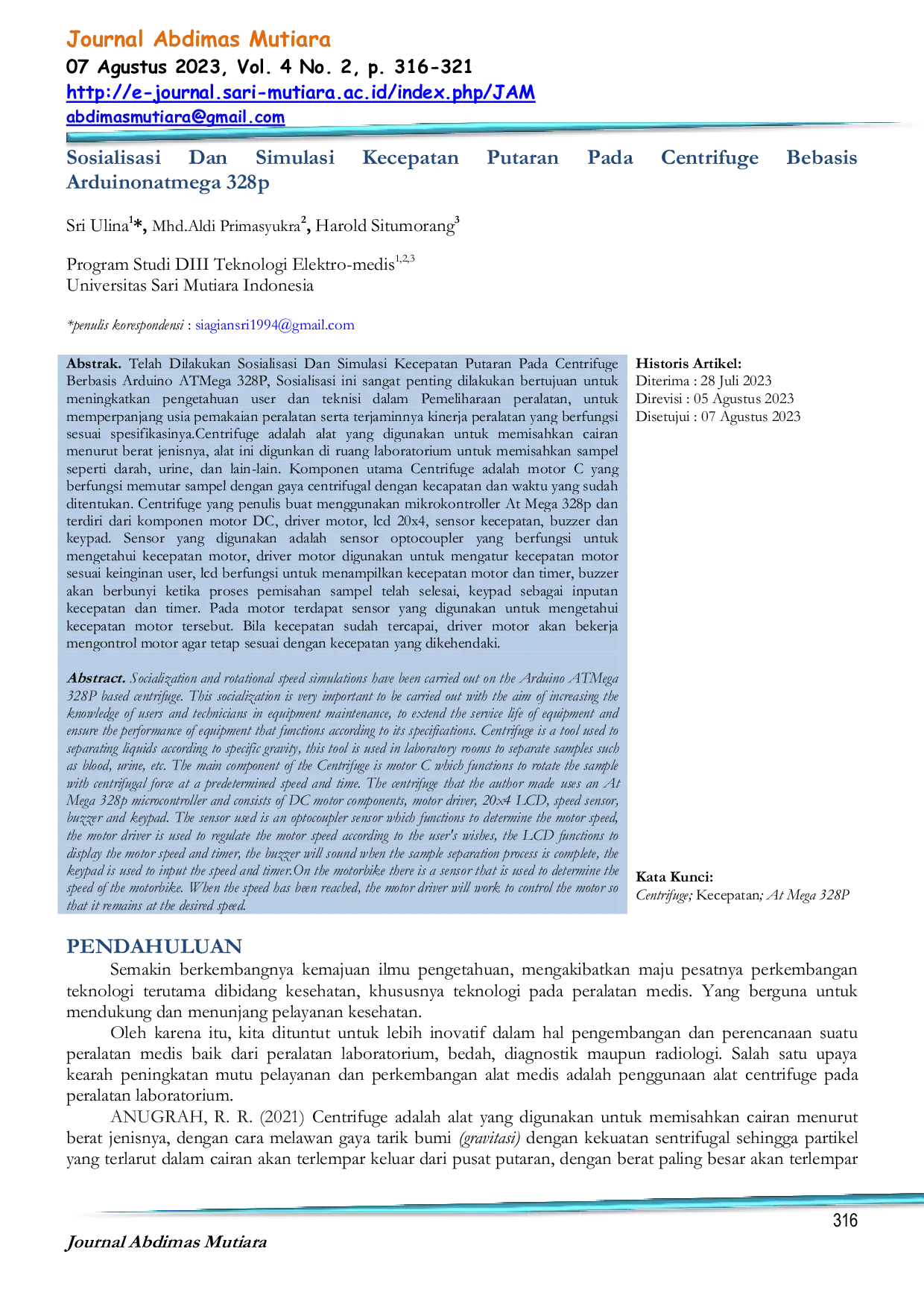 JURIS Sosialisasi Dan Simulasi Kecepatan Putaran Pada Centrifuge Bebasis Arduinonatmega 328p