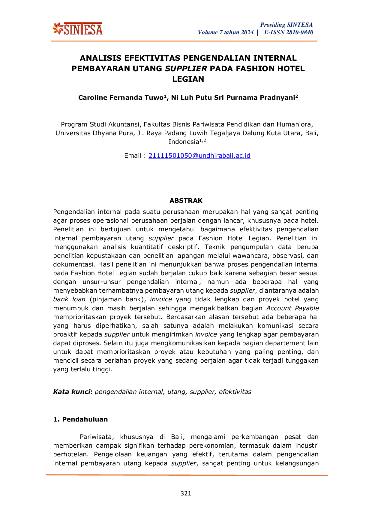 JURIS Analisis Efektivitas Pengendalian Internal Pembayaran Utang Supplier Pada Fashion Hotel Legian