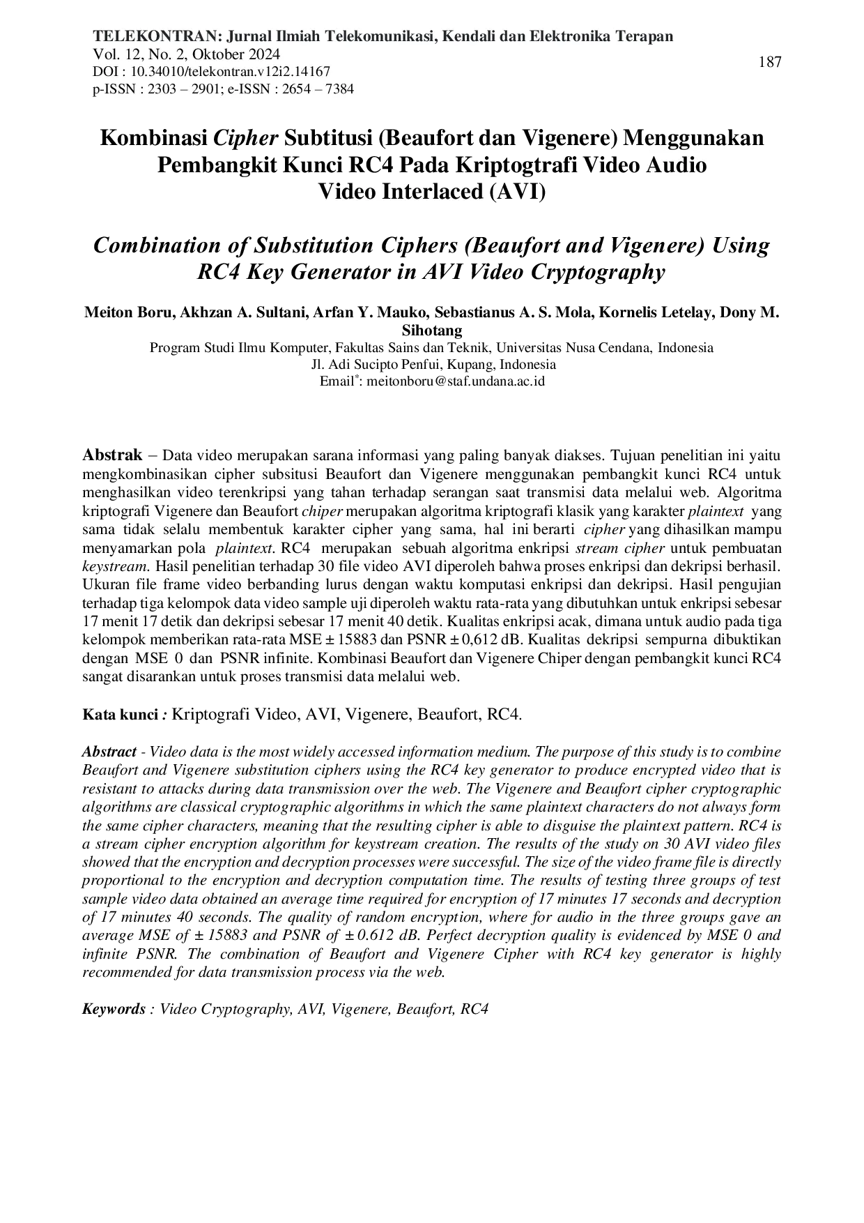 JURIS Kombinasi Cipher Subtitusi Beaufort Dan Vigenere Menggunakan Pembangkit Kunci RC4 Pada Kriptogtrafi Video Audio Video Interlaced AVI