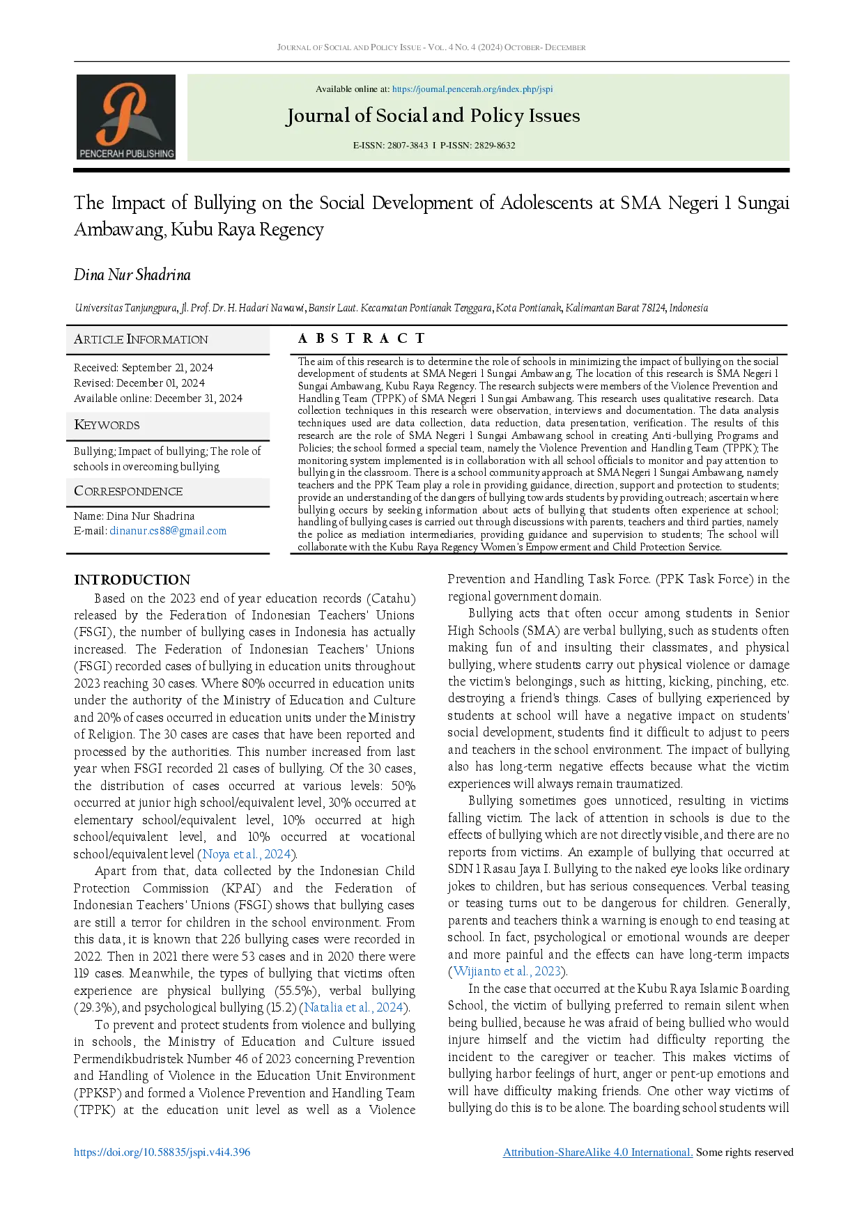 juris The Impact of Bullying on the Social Development of Adolescents at SMA Negeri 1 Sungai Ambawang Kubu Raya Regency