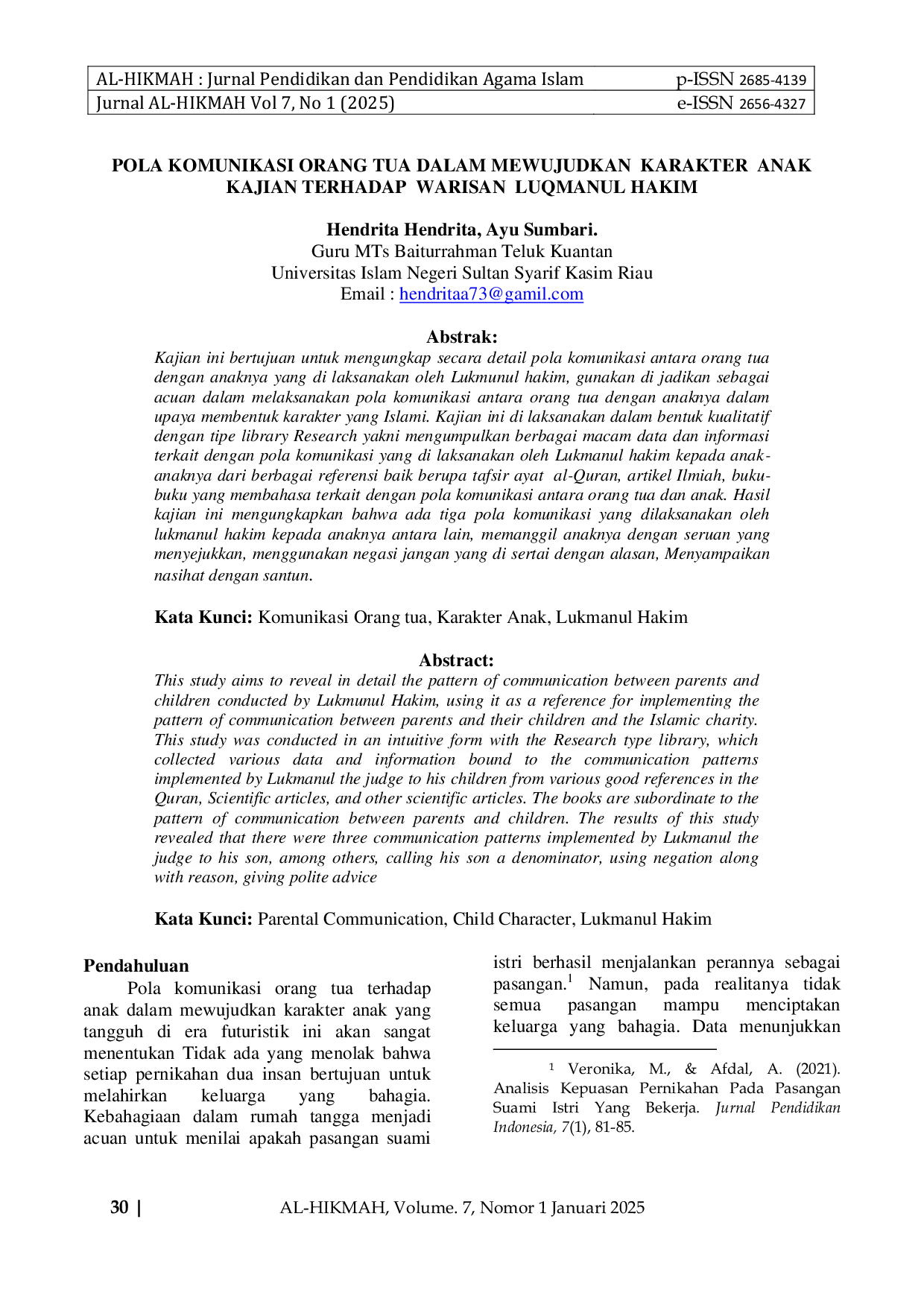 JURIS Pola Komunikasi Orang Tua Dalam Mewujudkan Karakter Anak Kajian Terhadap Warisan Luqmanul Hakim