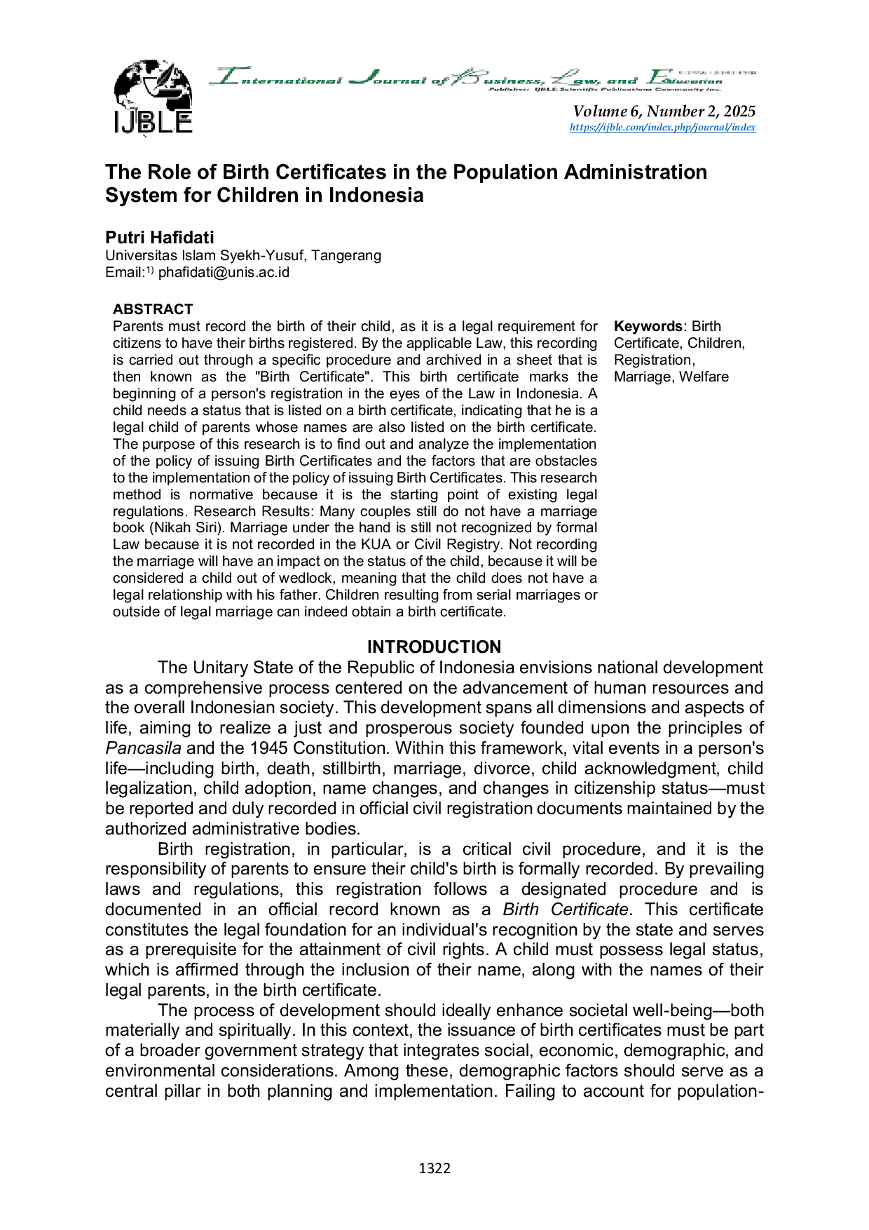 JURIS The Role of Birth Certificates in the Population Administration System for Children in Indonesia