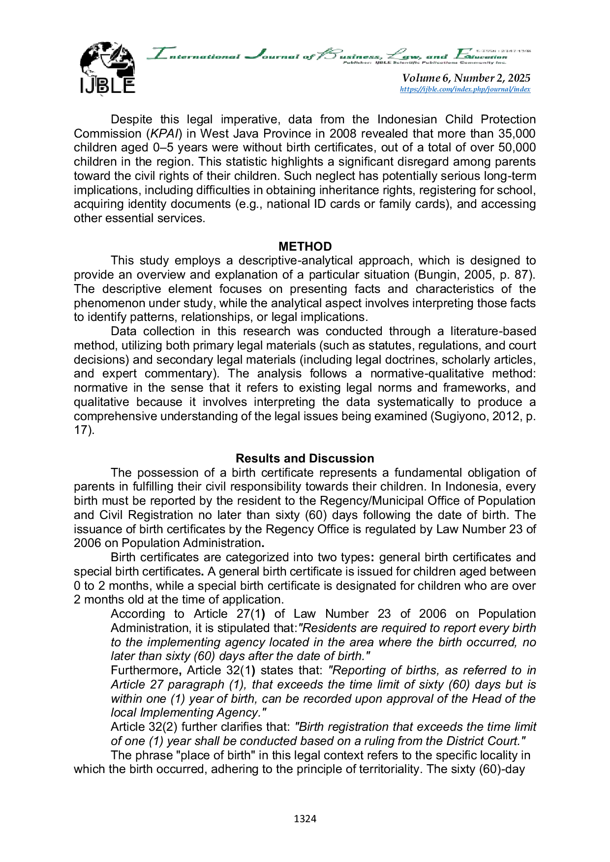 JURIS The Role of Birth Certificates in the Population Administration System for Children in Indonesia