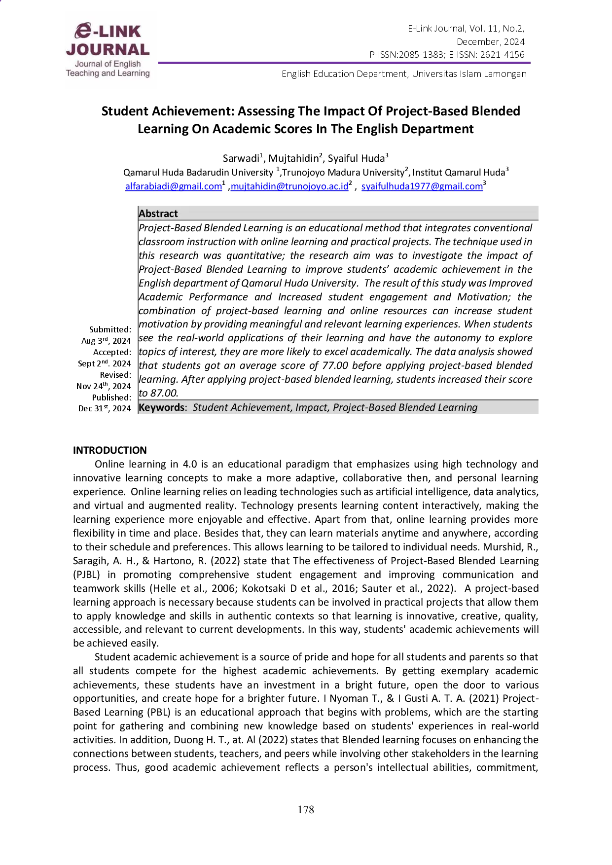 juris Student Achievement Assessing the Impact of Project Based Blended Learning on Academic Scores in the English Department