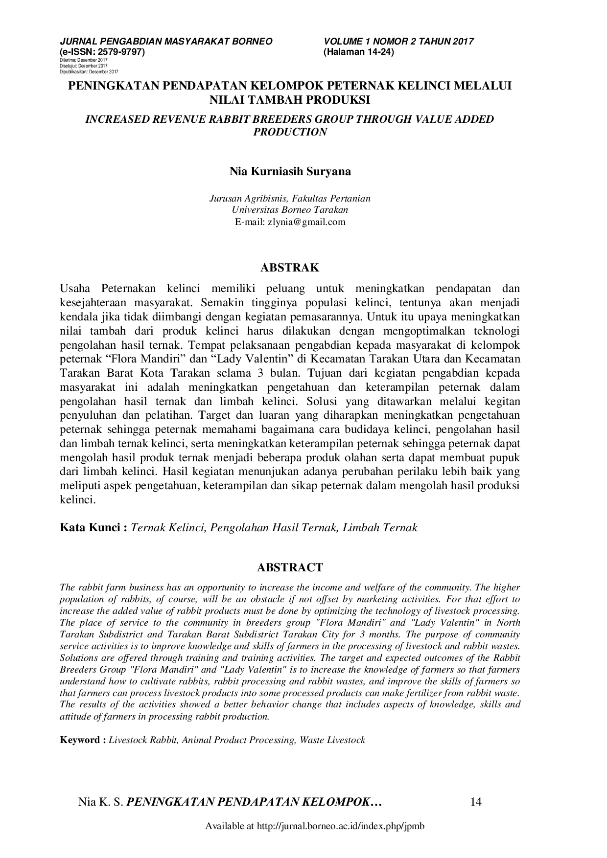 JURIS Peningkatan Pendapatan Kelompok Peternak Kelinci Melalui Nilai Tambah Produksi