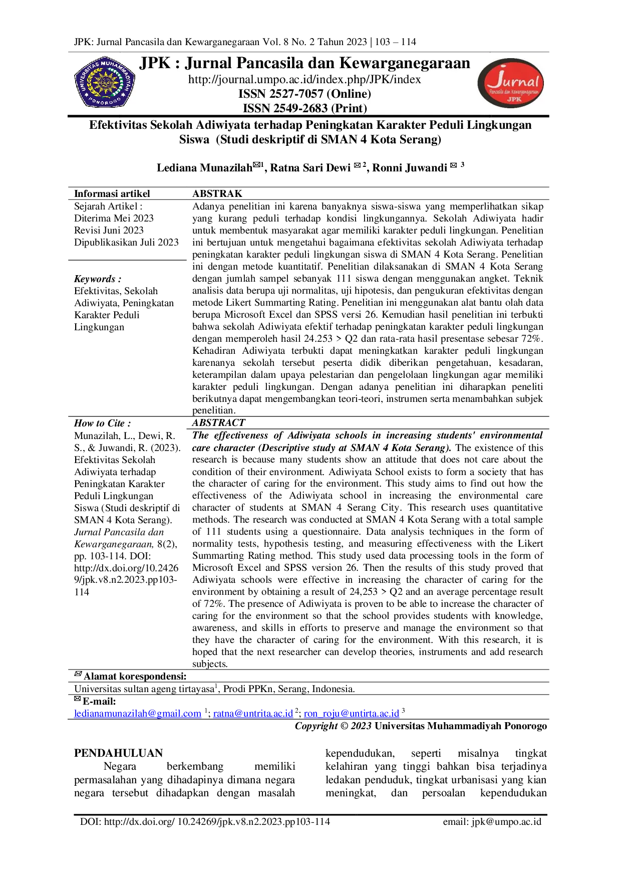 JURIS Efektivitas Sekolah Adiwiyata terhadap Peningkatan Karakter Peduli Lingkungan Siswa Studi deskriptif di SMAN 4 Kota Serang