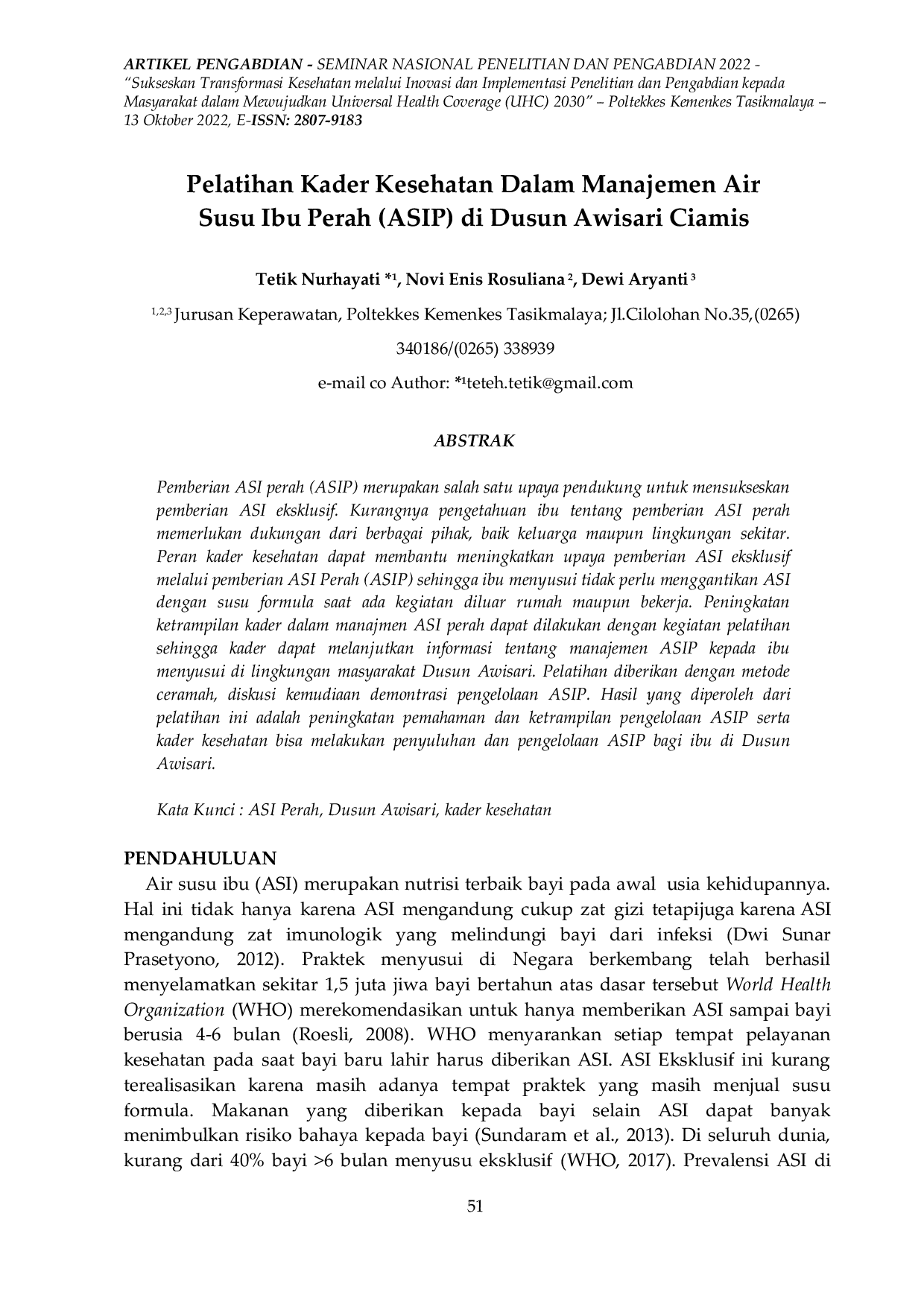 JURIS Pelatihan Kader Kesehatan Dalam Manajemen Air Susu Ibu Perah ASIP di Dusun Awisari Ciamis