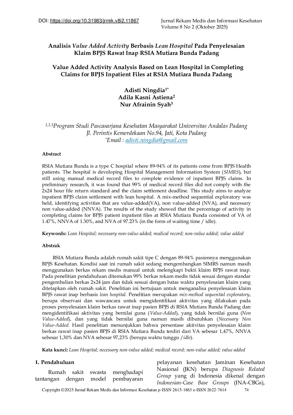 JURIS Analisis Value Added Activity Berbasis Lean Hospital Pada Penyelesaian Klaim BPJS Rawat Inap RSIA Mutiara Bunda Padang