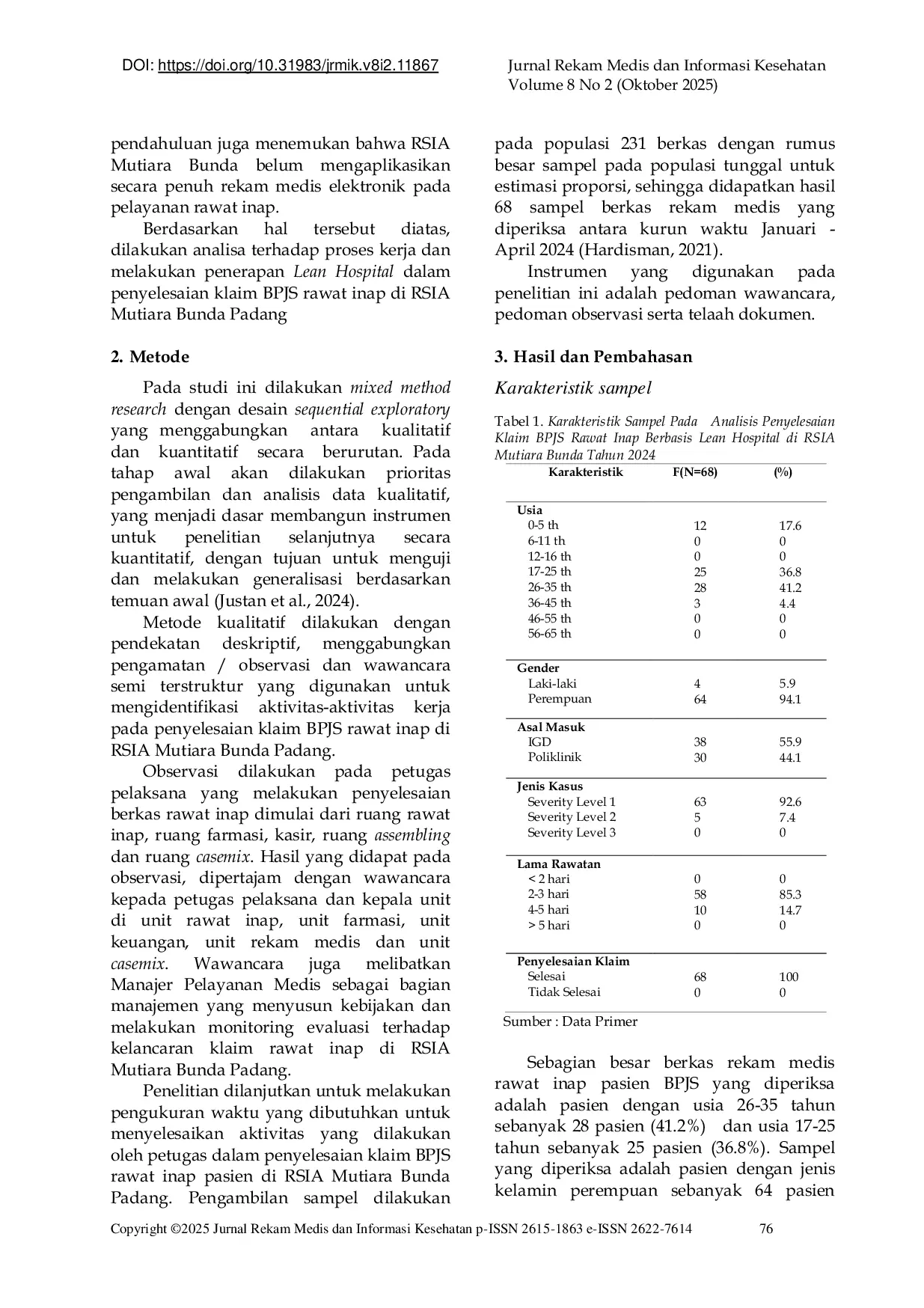JURIS Analisis Value Added Activity Berbasis Lean Hospital Pada Penyelesaian Klaim BPJS Rawat Inap RSIA Mutiara Bunda Padang
