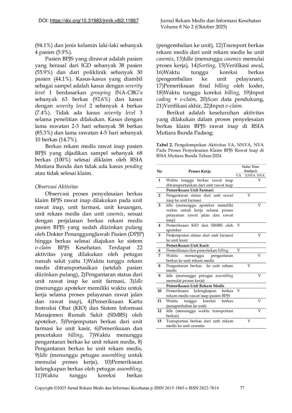 JURIS Analisis Value Added Activity Berbasis Lean Hospital Pada Penyelesaian Klaim BPJS Rawat Inap RSIA Mutiara Bunda Padang