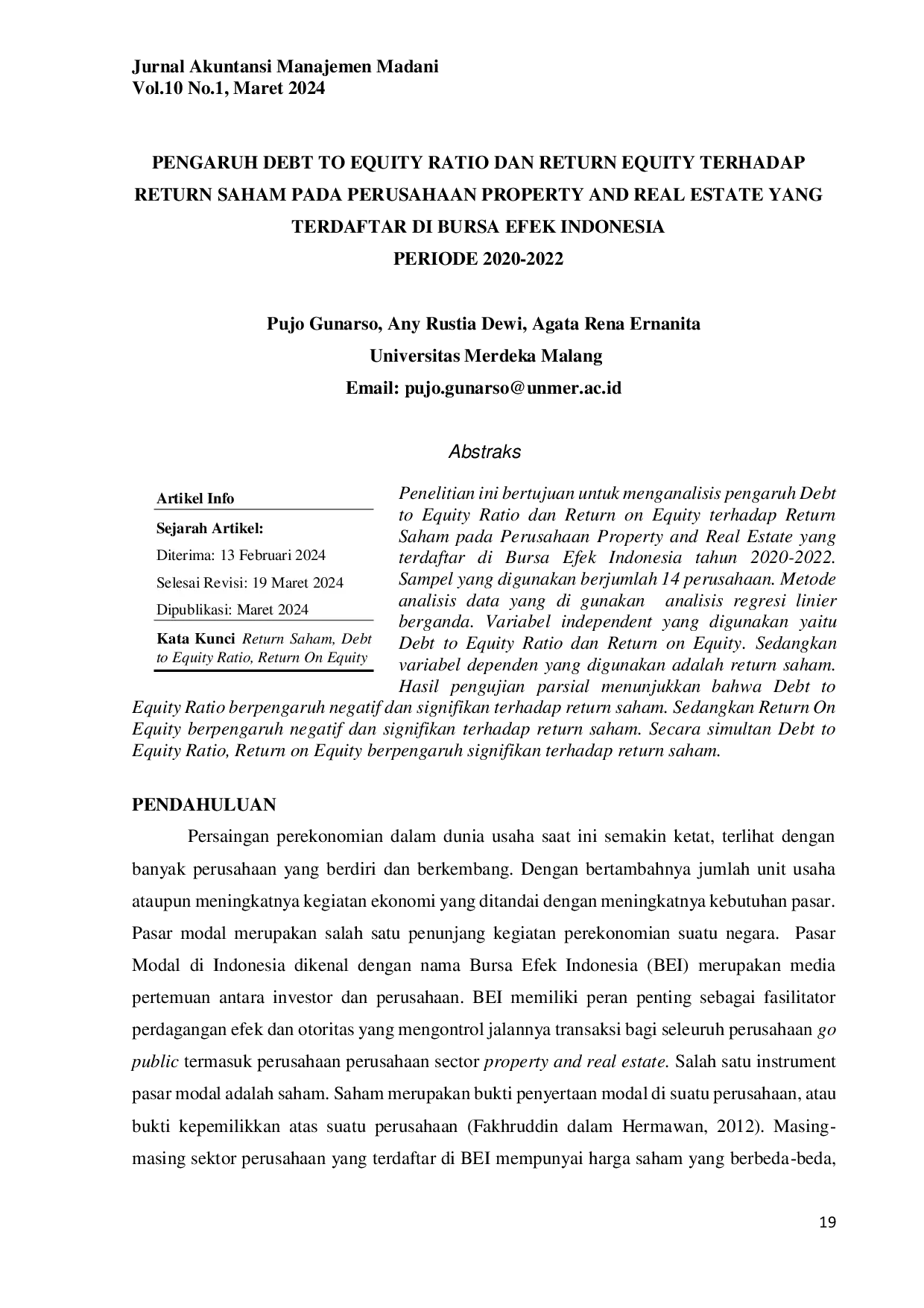 JURIS Pengaruh Debt To Equity Ratio Dan Return Equity Terhadap Return Saham Pada Perusahaan Property And Real Estate Yang Terdaftar Di Bursa Efek Indonesia Periode 2020 2022