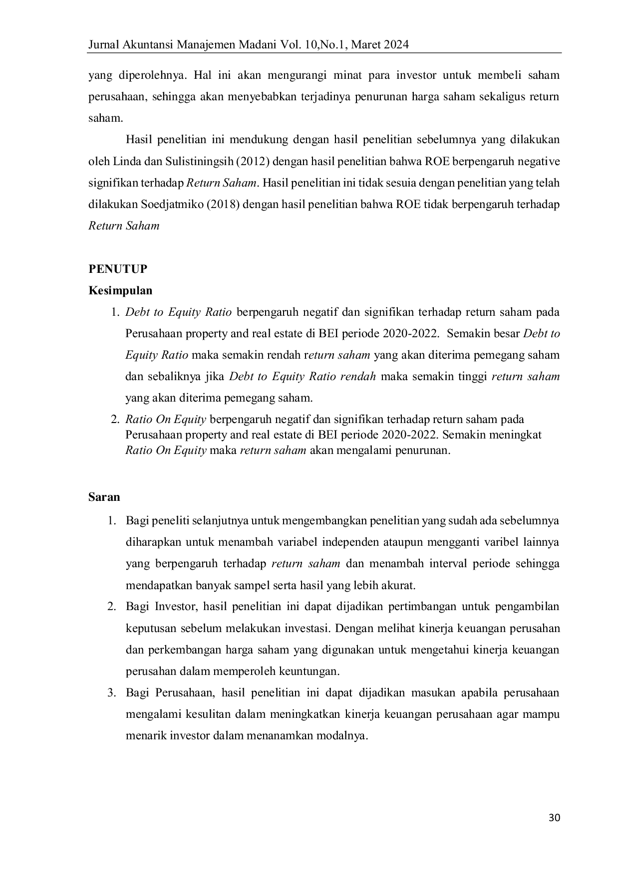 JURIS Pengaruh Debt To Equity Ratio Dan Return Equity Terhadap Return Saham Pada Perusahaan Property And Real Estate Yang Terdaftar Di Bursa Efek Indonesia Periode 2020 2022