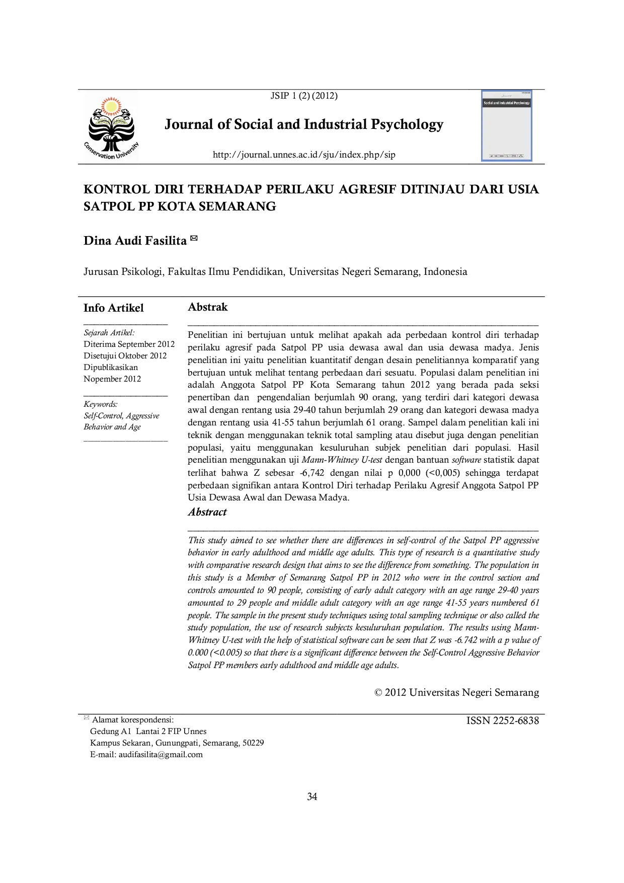 JURIS Kontrol Diri Terhadap Perilaku Agresif Ditinjau Dari Usia Satpol PP Kota Semarang