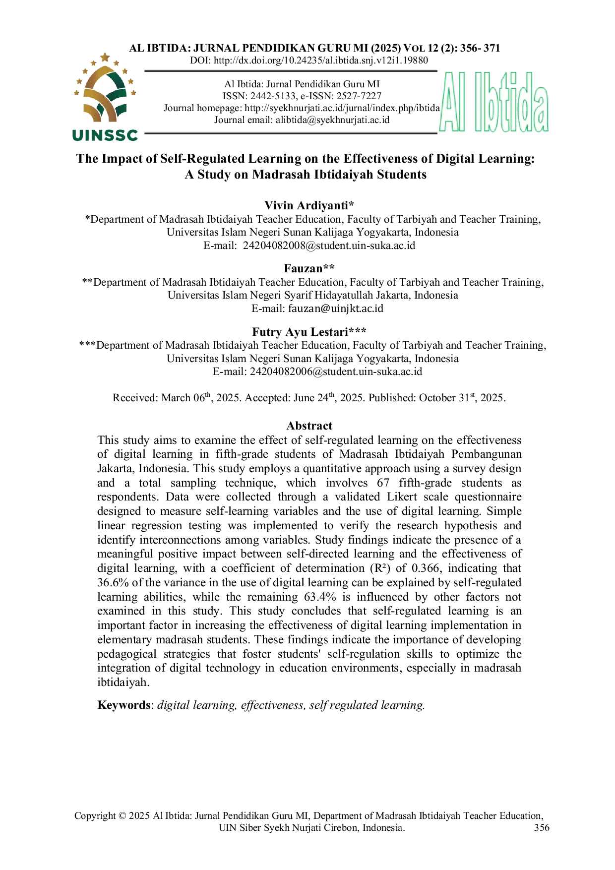 JURIS The Impact of Self Regulated Learning on the Effectiveness of Digital Learning A Study on Madrasah Ibtidaiyah Students