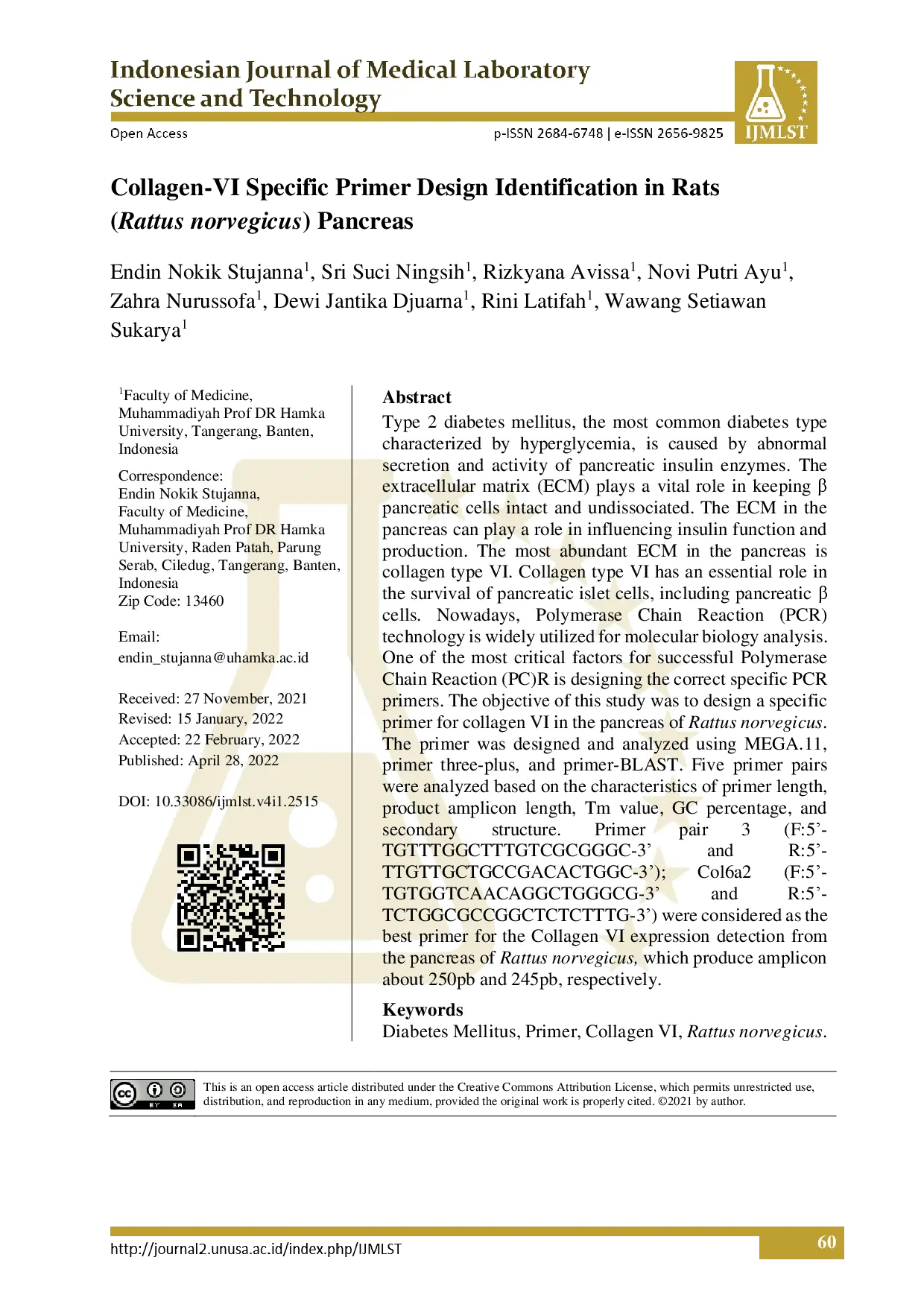 juris Collagen VI Specific Primer Design Identification in Rats Rattus norvegicus Pancreas