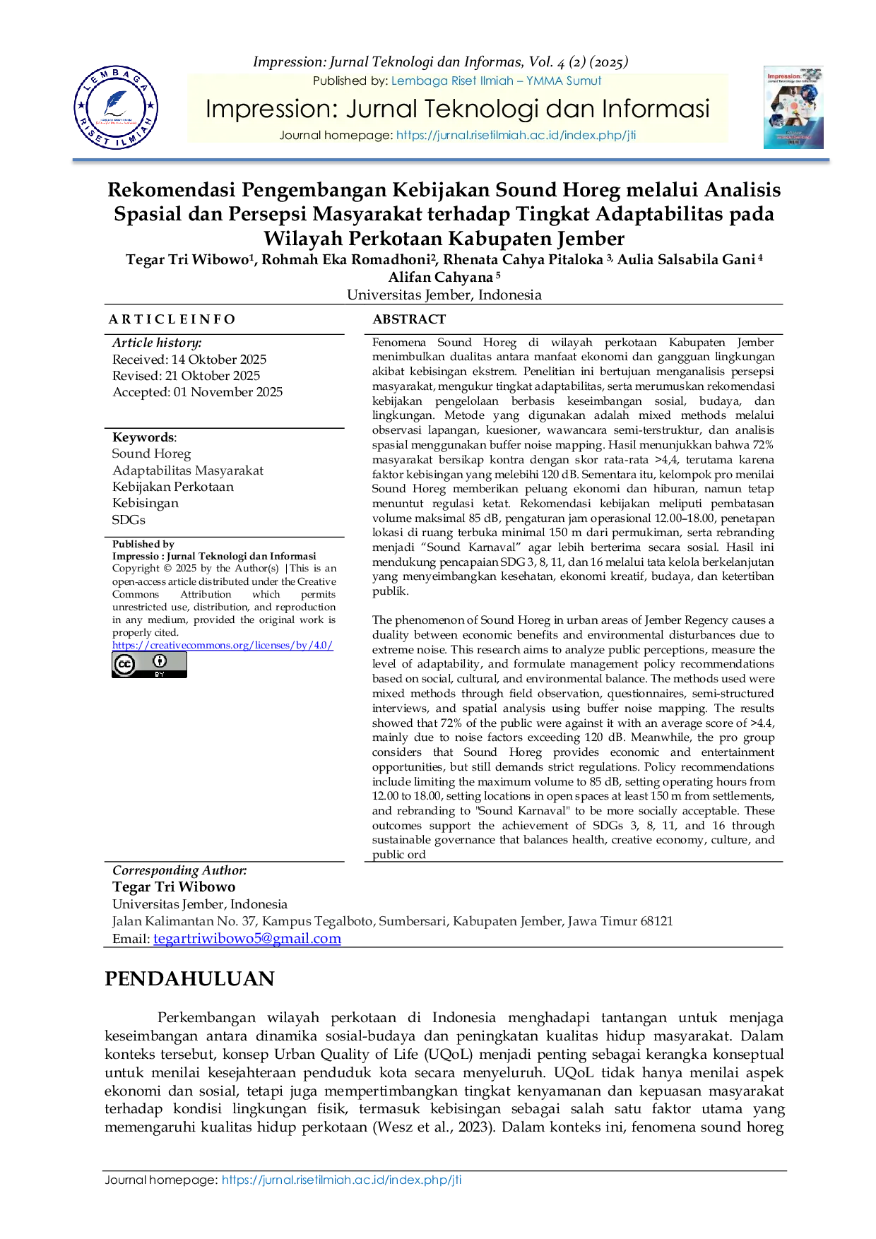 JURIS Regulasi Sound Horeg Rekomendasi Pengembangan Kebijakan Sound Horeg melalui Analisis Spasial dan Persepsi Masyarakat terhadap Tingkat Adaptabilitas pada Wilayah Perkotaan Kabupaten Jember