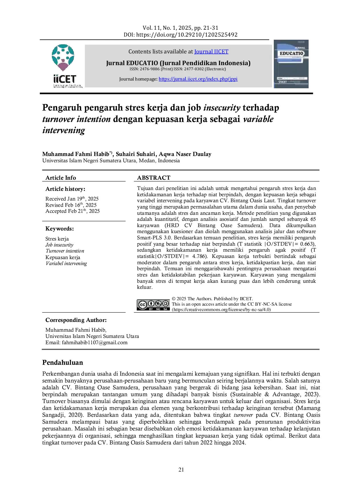 JURIS Pengaruh stres kerja dan job insecurity terhadap turnover intention dengan kepuasan kerja sebagai variable intervening