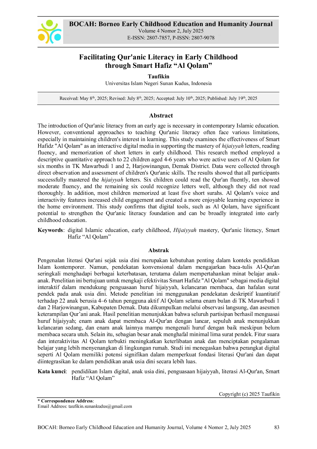 JURIS Facilitating Qur anic Literacy in Early Childhood through Smart Hafiz Al Qolam