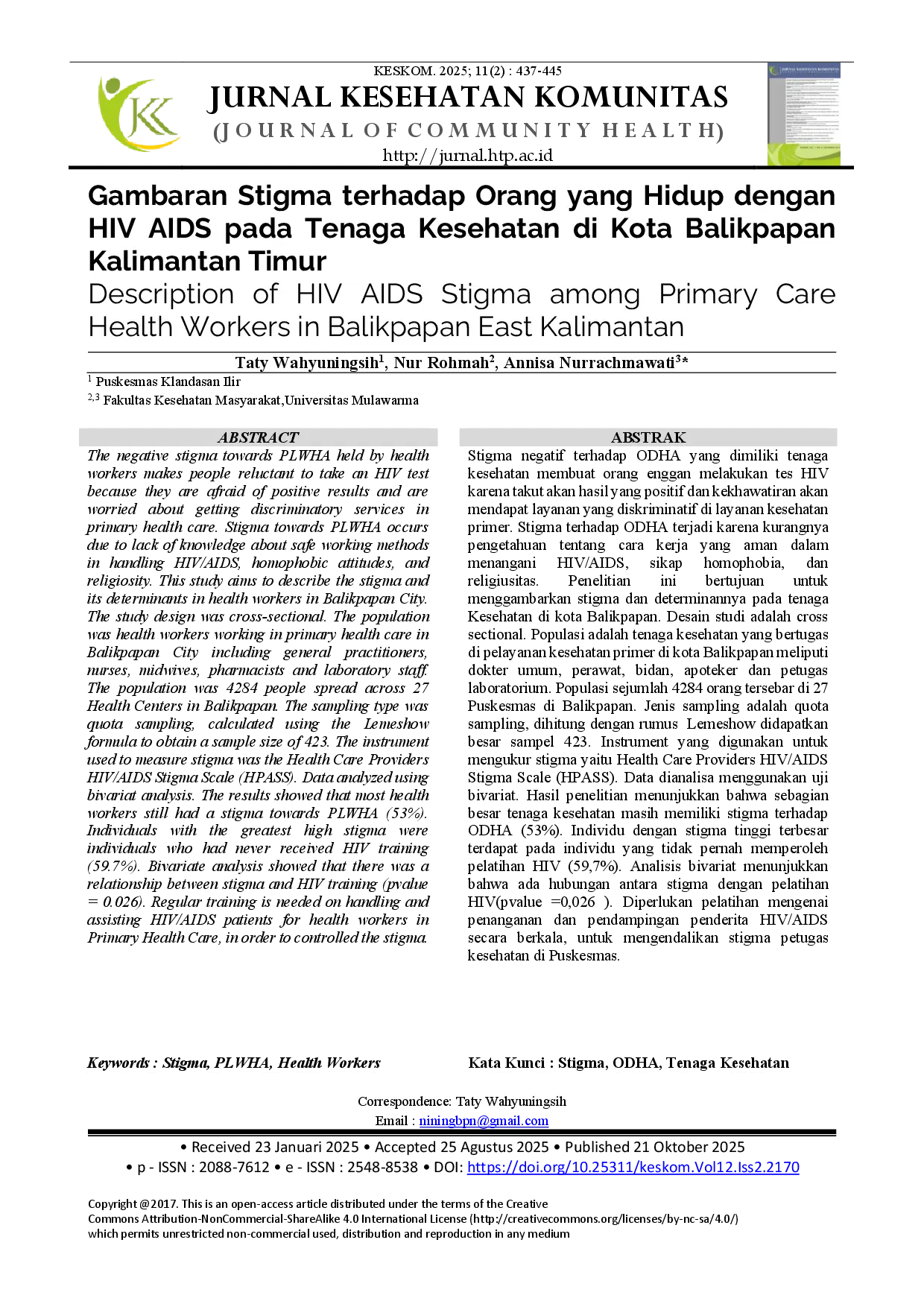 juris Gambaran Stigma Terhadap Orang yang Hidup dengan HIV AIDS pada Tenaga Kesehatan di Kota Balikpapan Kalimantan Timur