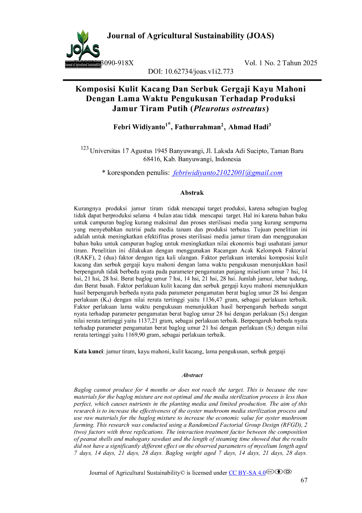 JURIS Komposisi Kulit Kacang Dan Serbuk Gergaji Kayu Mahoni Dengan Lama Waktu Pengukusan Terhadap Produksi Jamur Tiram Putih Pleurotus ostreatus