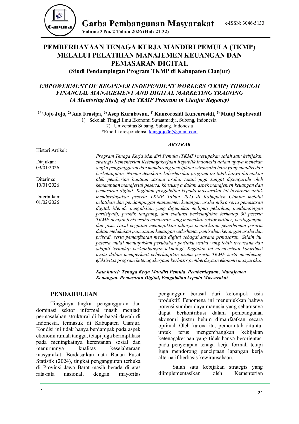 JURIS Pemberdayaan Tenaga Kerja Mandiri Pemula Tkmp Melalui Pelatihan Manajemen Keuangan dan Pemasaran Digital