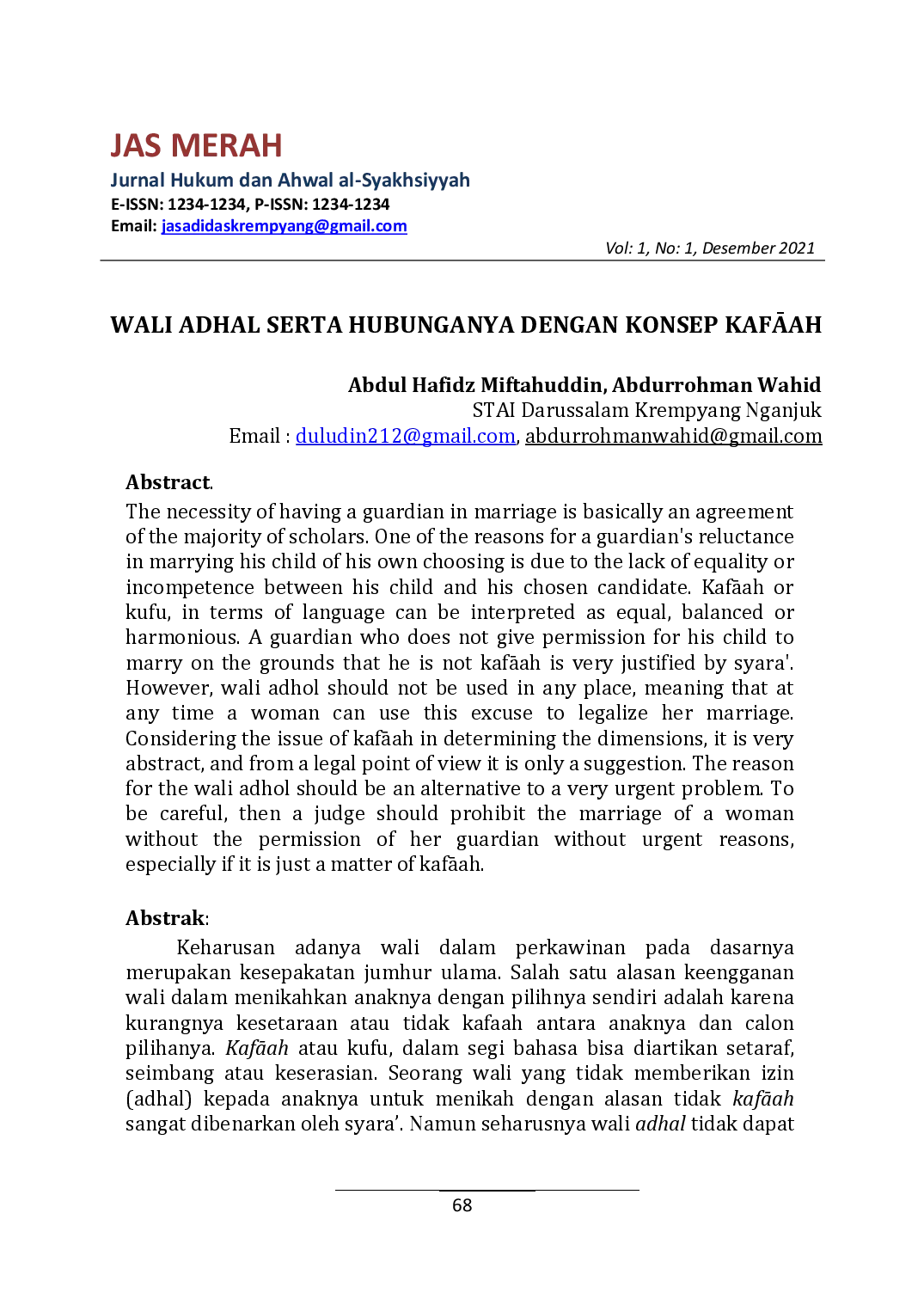 juris Wali Adhal Serta Hubunganya Dengan Konsep KafAah