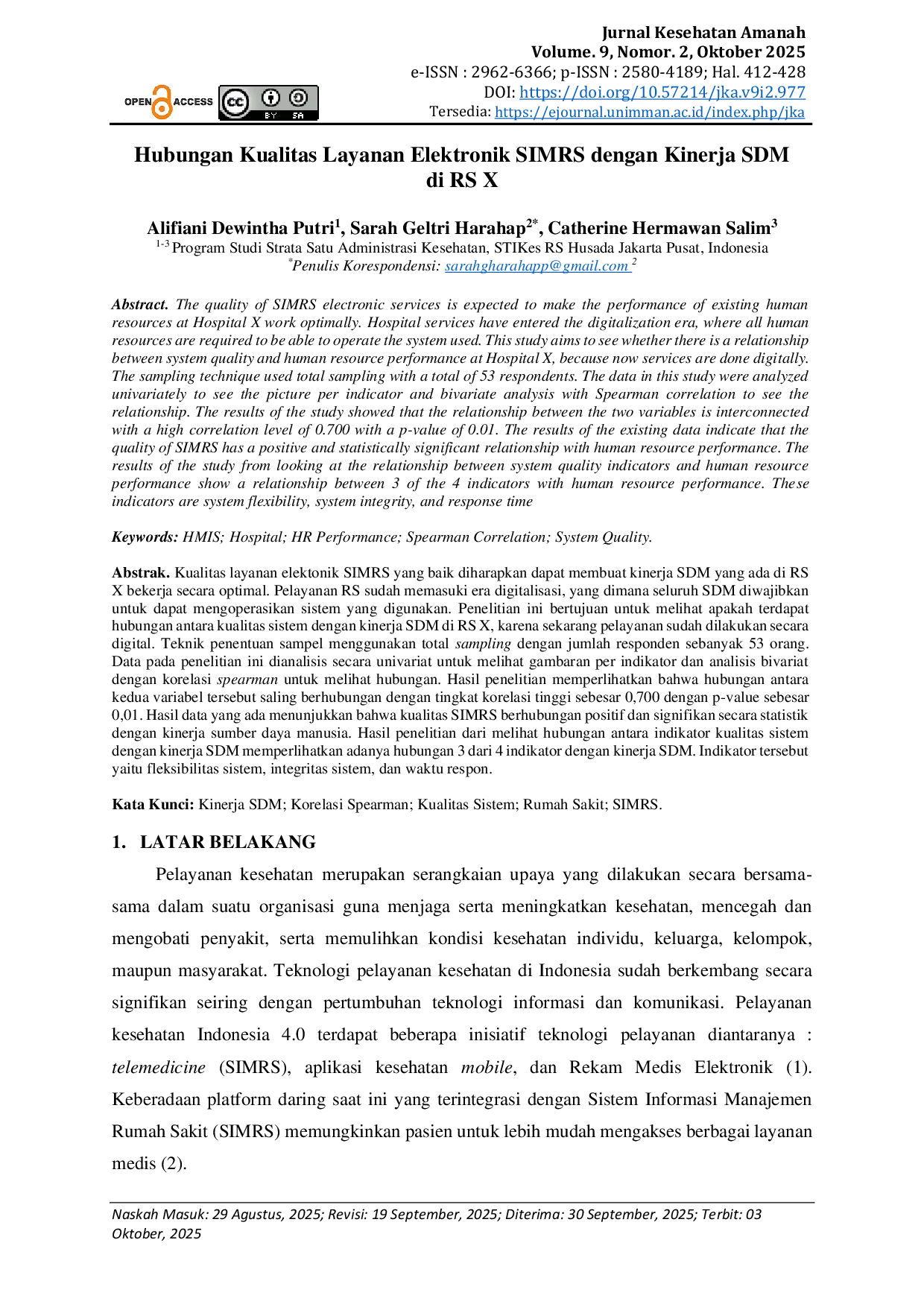 JURIS Hubungan Kualitas Layanan Elektronik SIMRS dengan Kinerja SDM di RS X