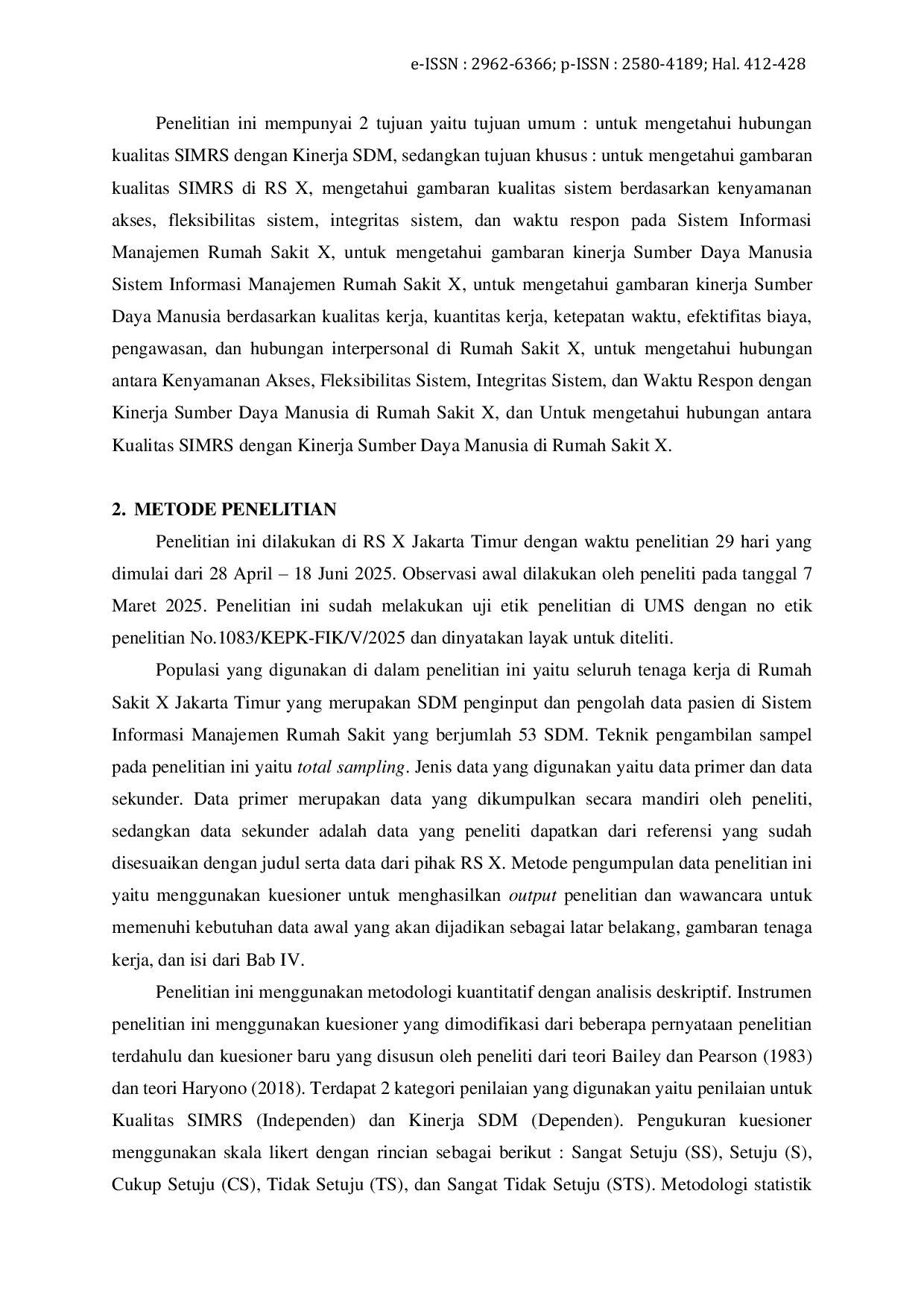 JURIS Hubungan Kualitas Layanan Elektronik SIMRS dengan Kinerja SDM di RS X