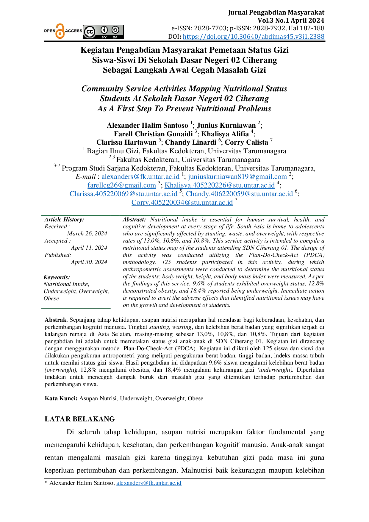 JURIS Kegiatan Pengabdian Masyarakat Pemetaan Status Gizi Siswa Siswi Di Sekolah Dasar Negeri 02 Ciherang Sebagai Langkah Awal Cegah Masalah Gizi