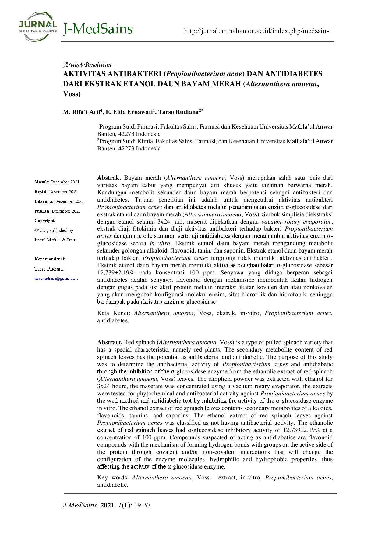 juris Aktivitas Antibakteri Dan Antidiabetes Dari Ekstrak Etanol Daun Bayam Merah