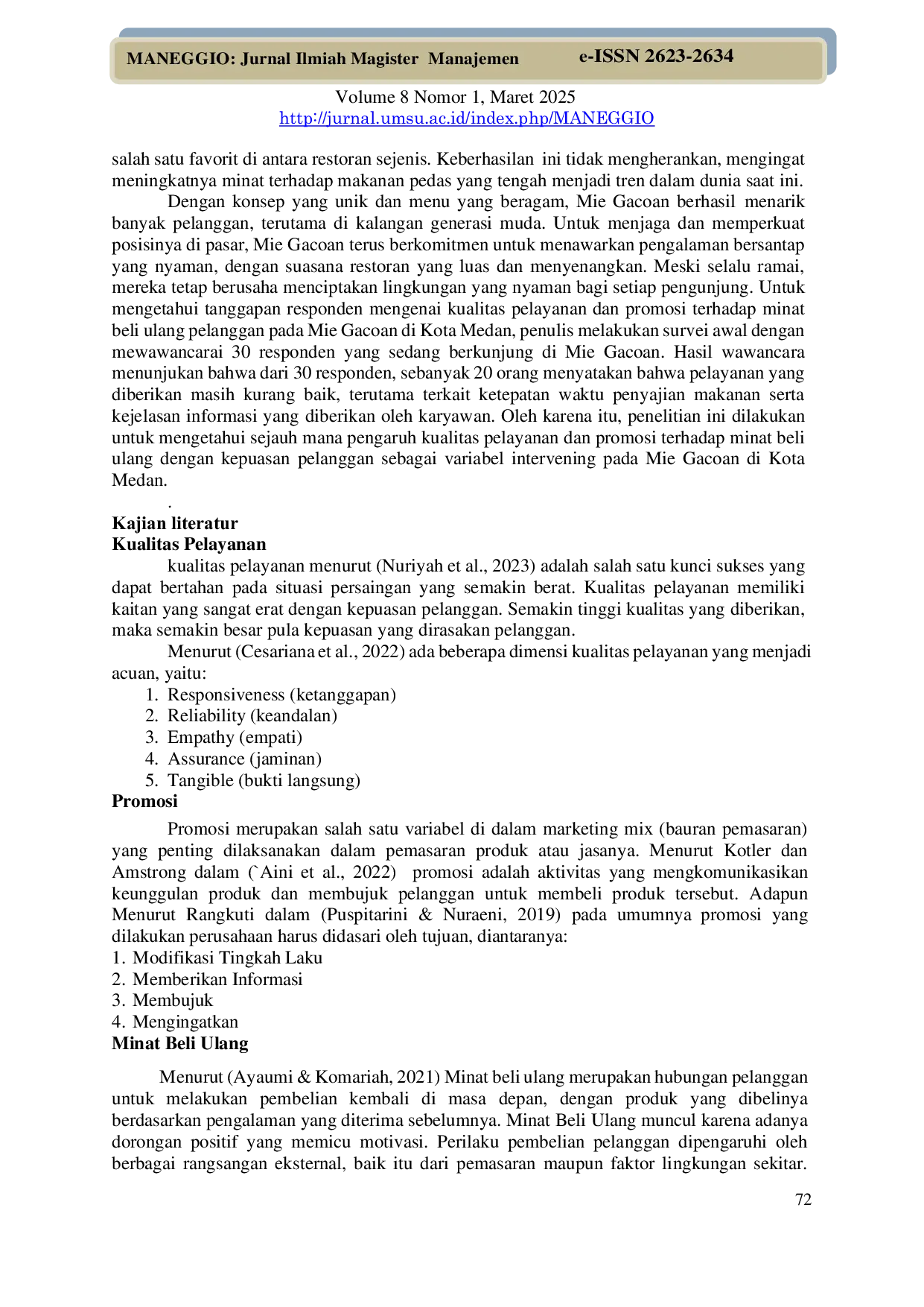 JURIS Analisis Minat Beli Ulang Berbasi Kualitas Pelayanan Dan Promosi Dengan Kepuasan Pelanggan Sebagai Variabel Intervening