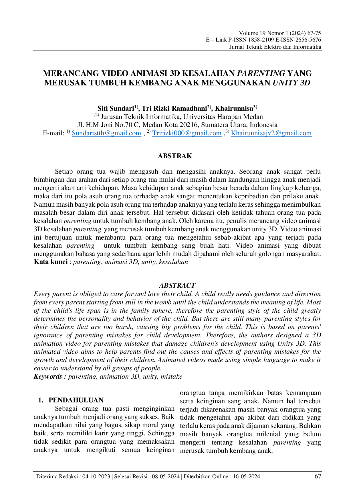 JURIS Merancang Video Animasi 3D Kesalahan Parenting yang Merusak Tumbuh Kembang Anak Menggunakan Unity 3D