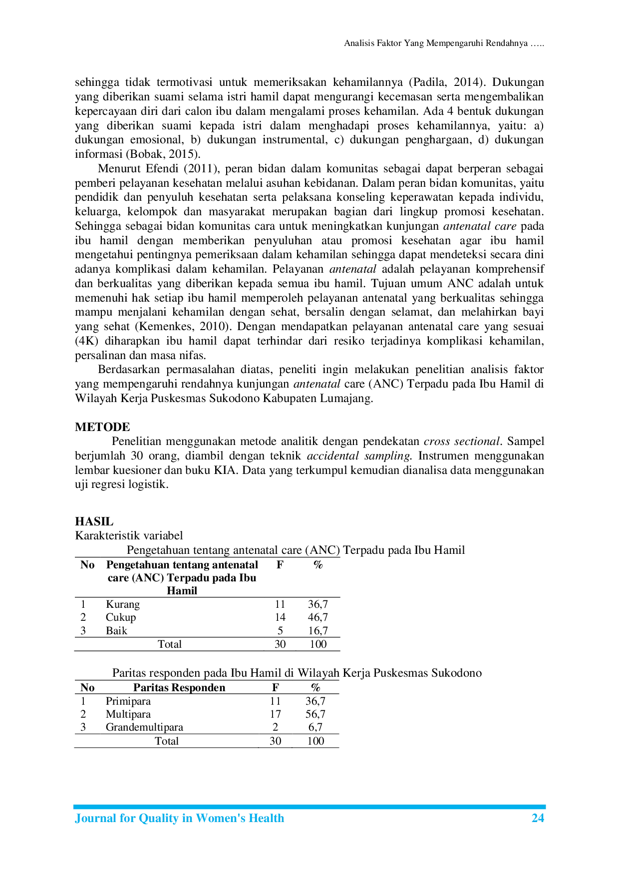 JURIS Analisis Faktor Yang Mempengaruhi Rendahnya Kunjungan Antenatal Care ANC Terpadu Pada Ibu Hamil Di Wilayah Kerja Puskesmas Sukodono Kabupaten Lumajang