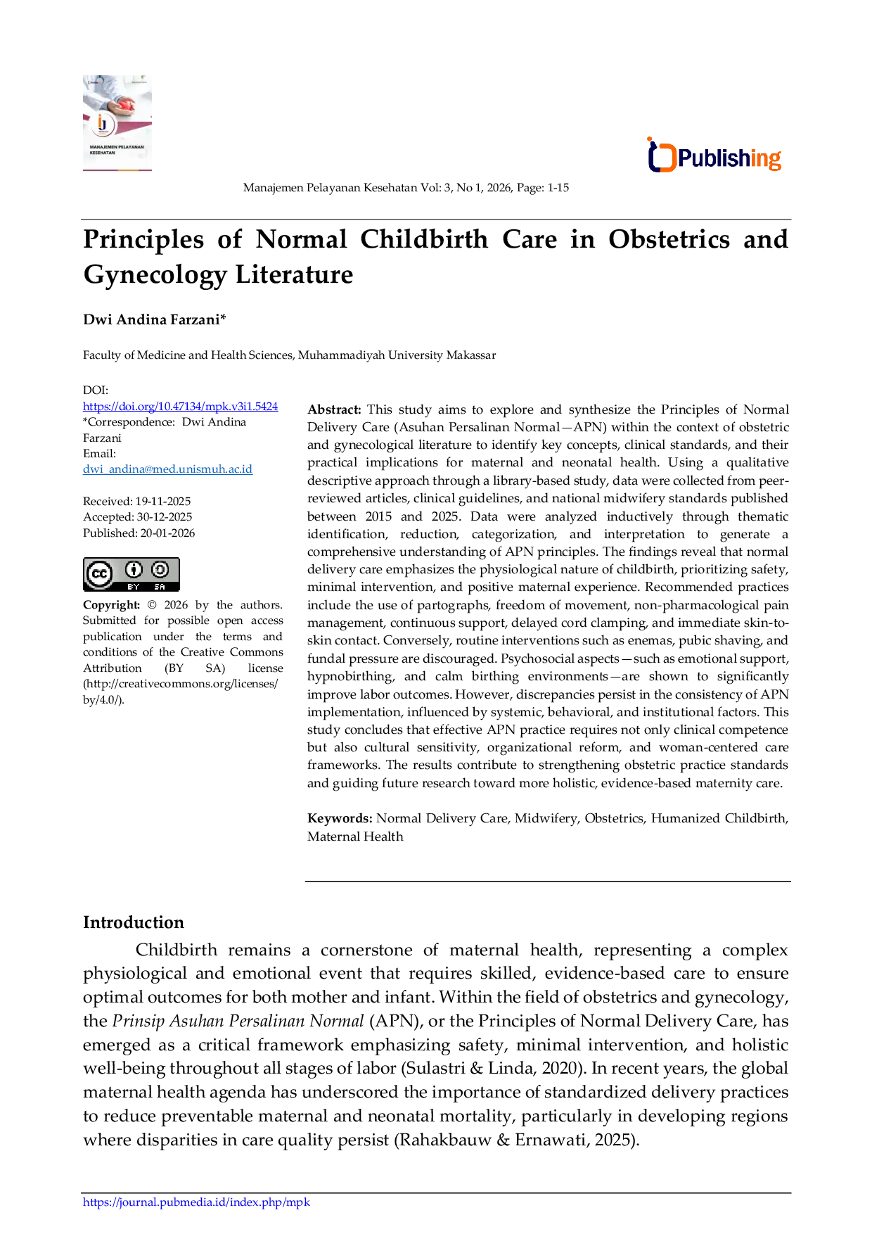 JURIS Principles of Normal Childbirth Care in Obstetrics and Gynecology Literature
