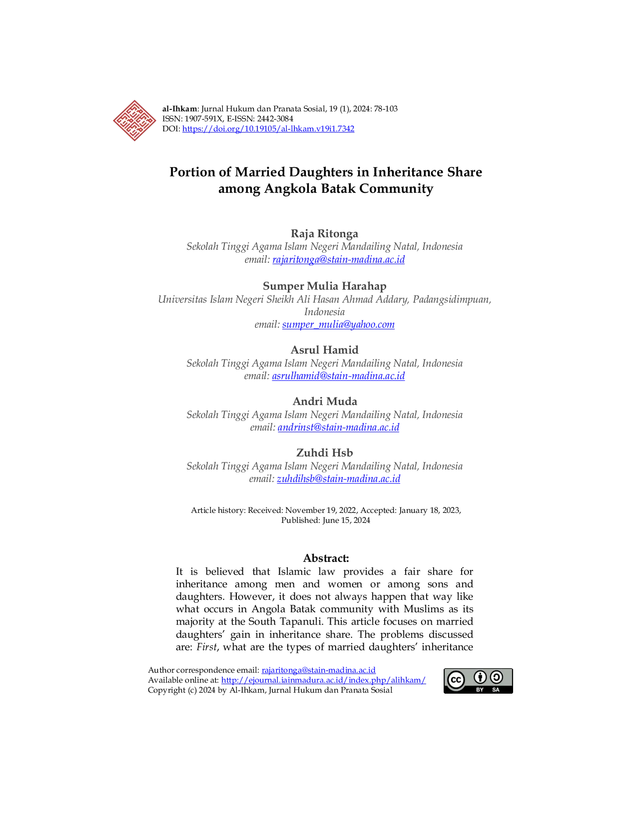 JURIS Portion of Married Daughters in Inheritance Share among Angkola Batak Community