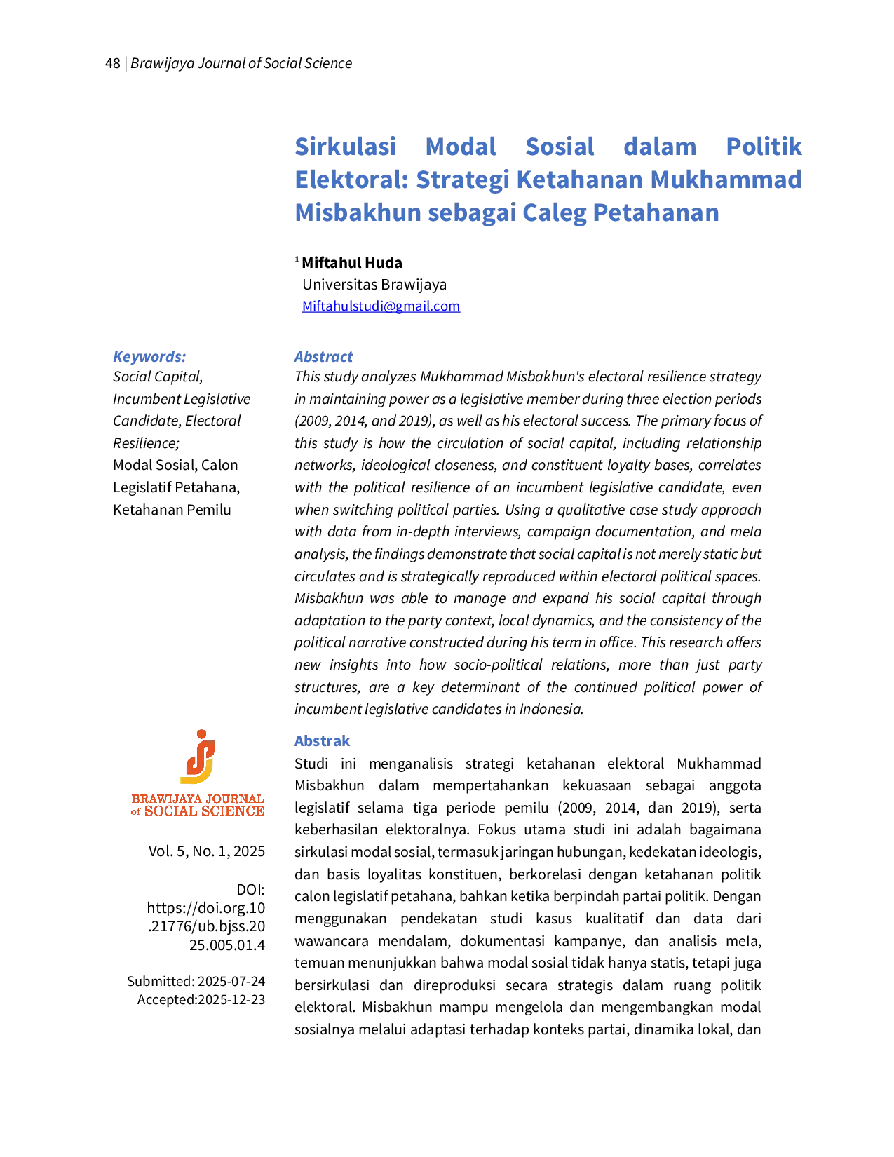 JURIS Sirkulasi Modal Sosial dalam Politik Elektoral Strategi Ketahanan Mukhammad Misbakhun sebagai Caleg Petahana