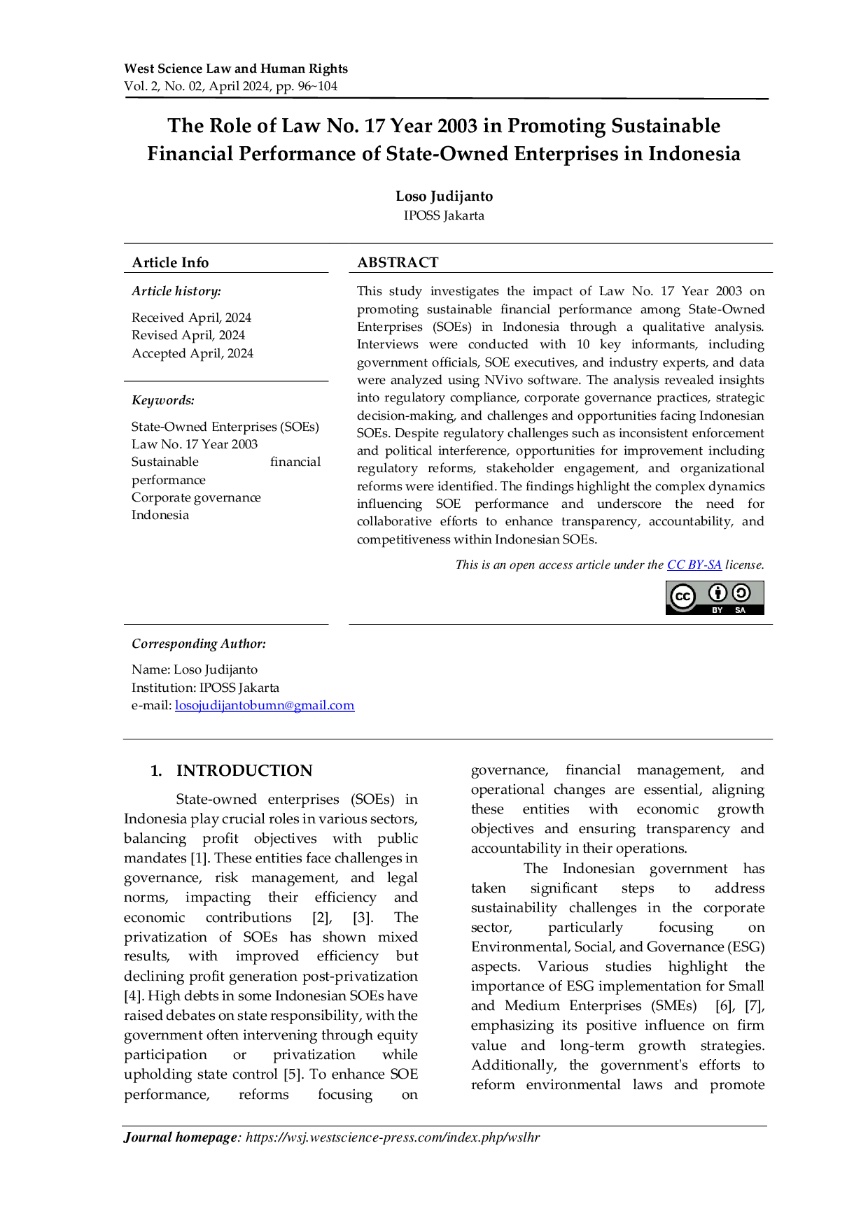 JURIS The Role of Law No 17 Year 2003 in Promoting Sustainable Financial Performance of State Owned Enterprises in Indonesia