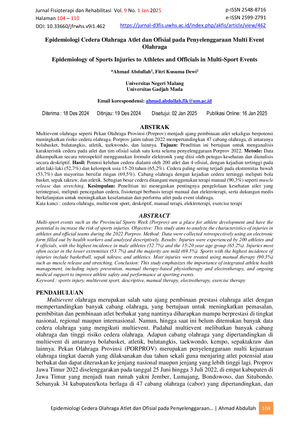 JURIS Epidemiologi Cedera Olahraga Atlet dan Ofisial pada Penyelenggaraan Multi Event Olahraga