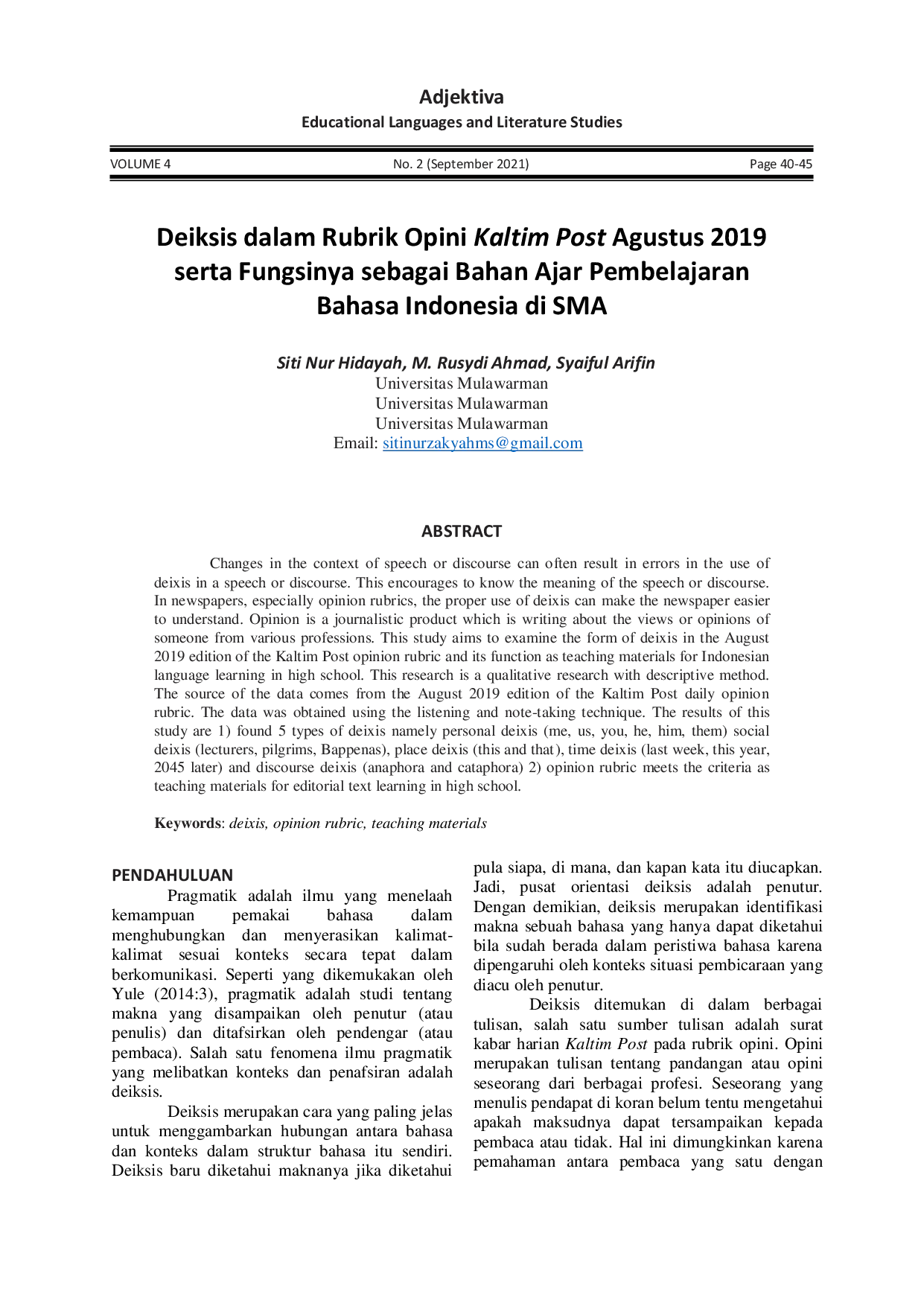 JURIS Deiksis dalam Rubrik Opini Kaltim Post Agustus 2019 serta Fungsinya sebagai Bahan Ajar Pembelajaran Bahasa Indonesia di SMA