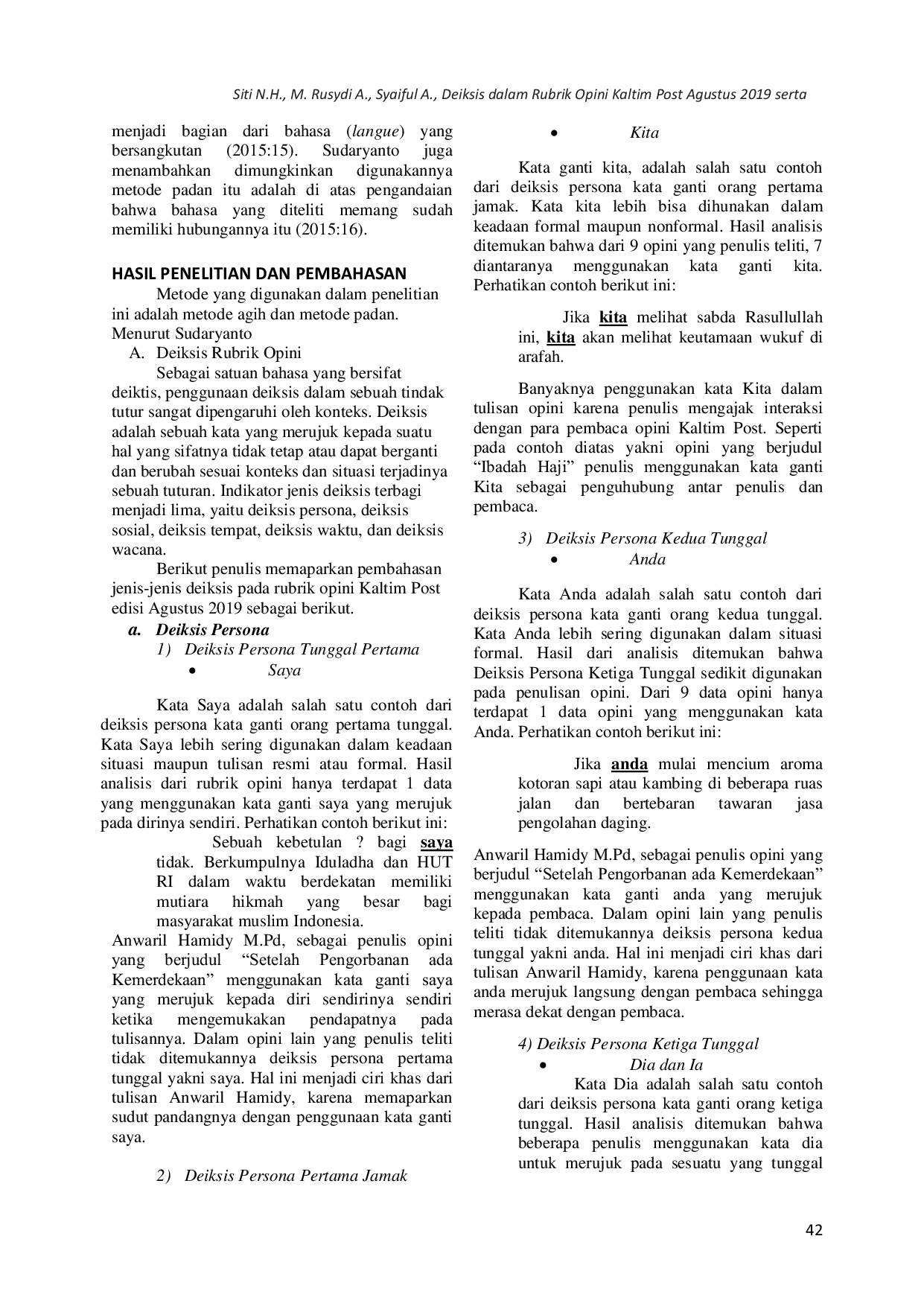 JURIS Deiksis dalam Rubrik Opini Kaltim Post Agustus 2019 serta Fungsinya sebagai Bahan Ajar Pembelajaran Bahasa Indonesia di SMA