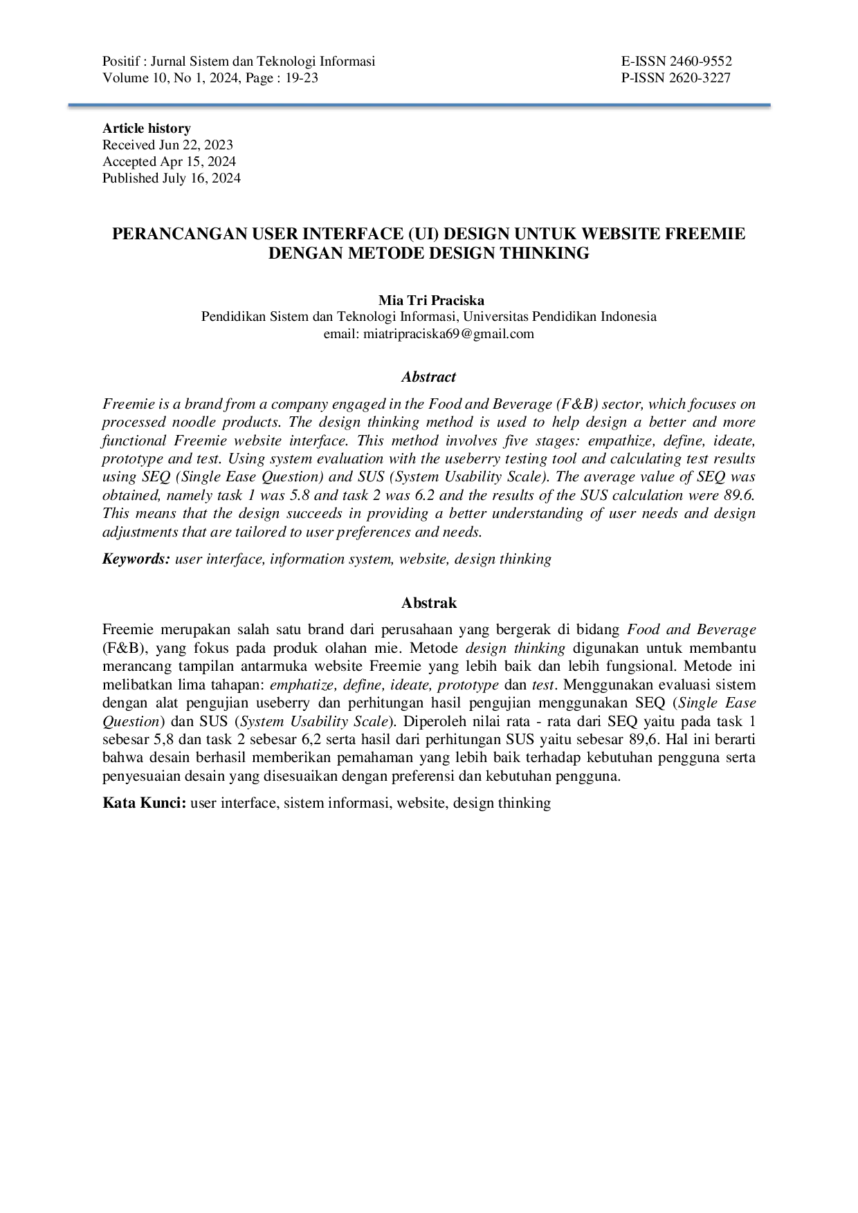 JURIS Perancangan User Interface UI Design untuk Website Freemie dengan Metode Design Thinking