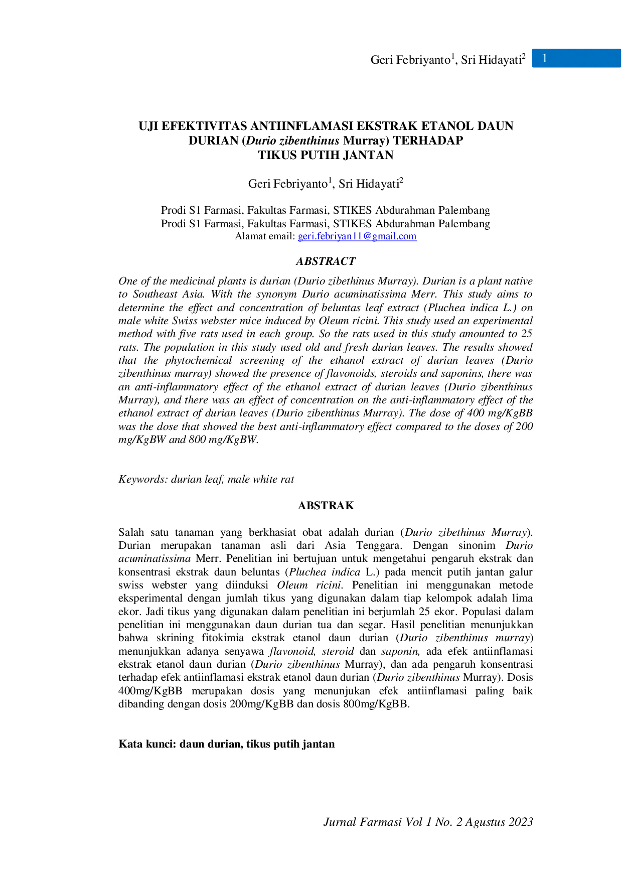 JURIS UJI EFEKTIVITAS ANTIINFLAMASI EKSTRAK ETANOL DAUN DURIAN Durio zibenthinus Murray TERHADAP TIKUS PUTIH JANTAN