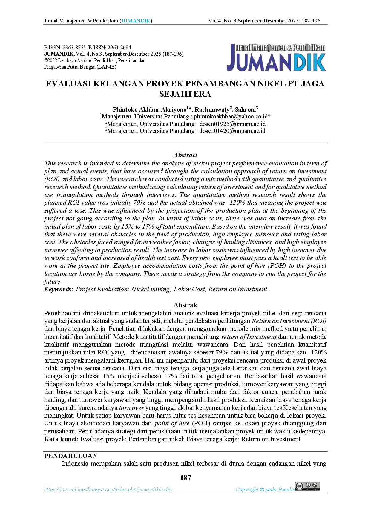 JURIS Evaluasi Keuangan Proyek Penambangan Nikel Pt Jaga Sejahtera