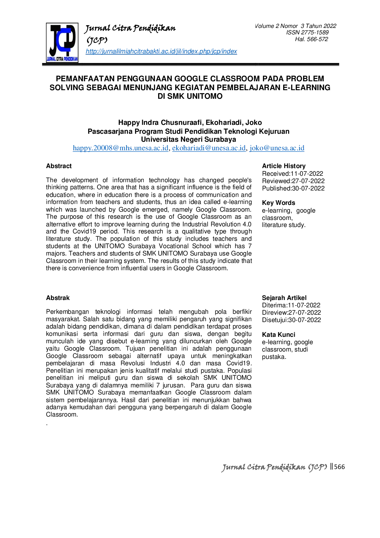 JURIS Pemanfaatan Penggunaan Google Classroom Pada Problem Solving Sebagai Menunjang Kegiatan Pembelajaran E Learning Di SMK Unitomo