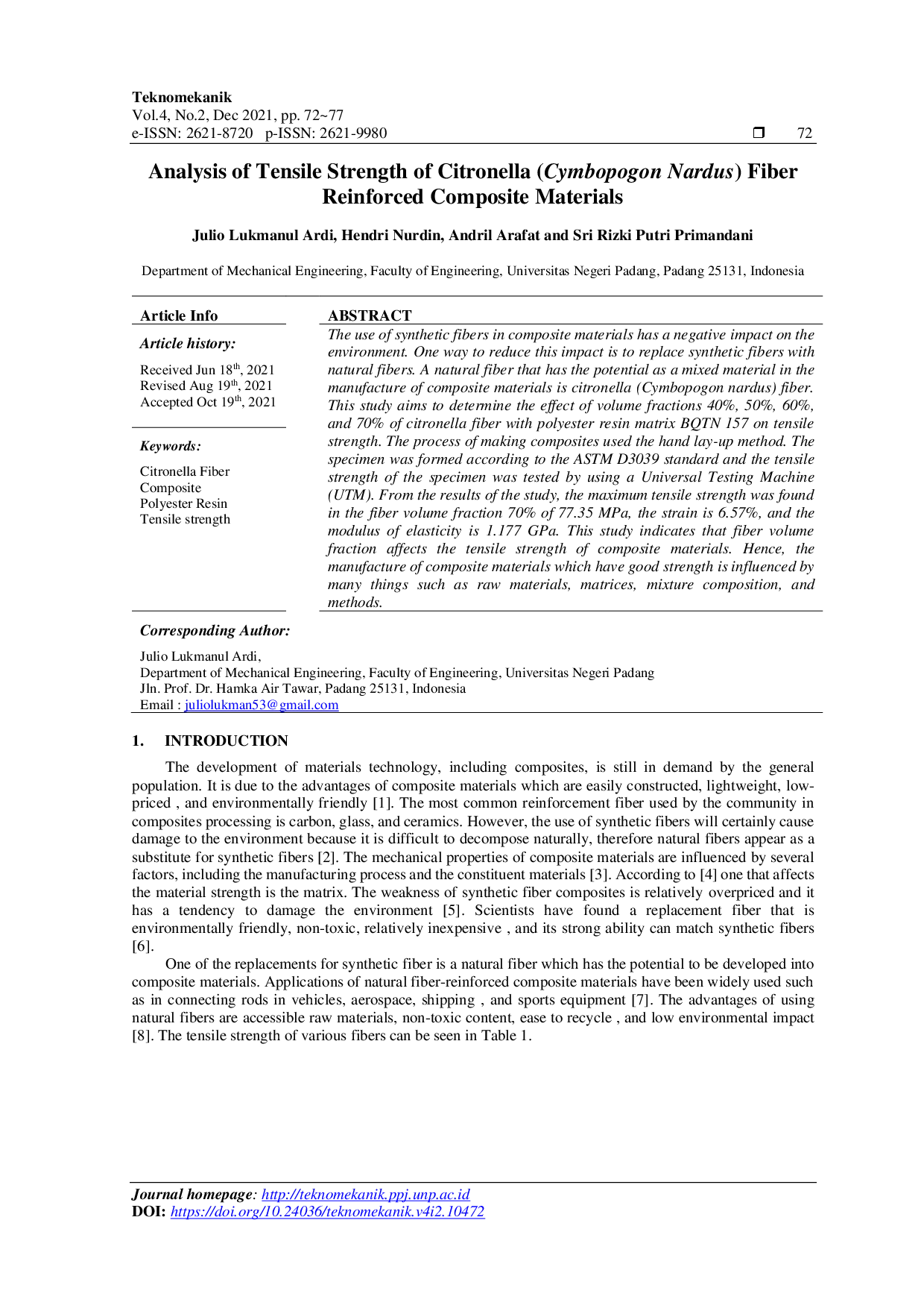 juris Analysis of Tensile Strength of Citronella Cymbopogon Nardus Fiber Reinforced Composite Materials