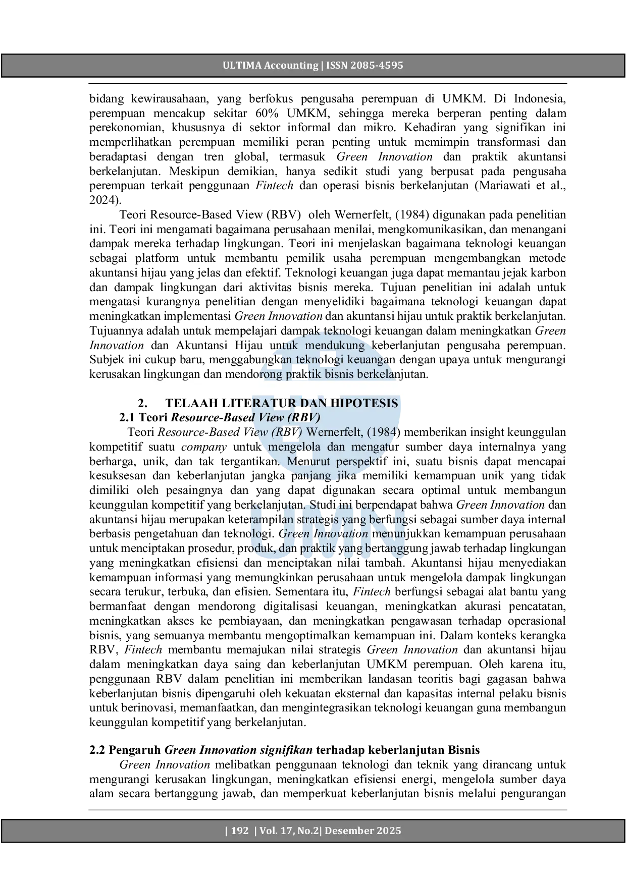 JURIS Fintech Dalam Pemberdayaan Usaha Perempuan Memperkuat Implementasi Green Innovation Dan Green Accounting Untuk Keberlanjutan Bisnis