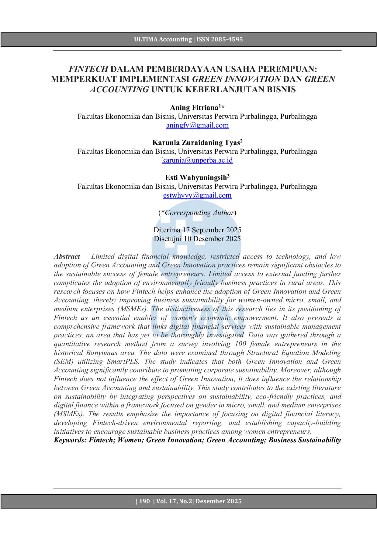 JURIS Fintech Dalam Pemberdayaan Usaha Perempuan Memperkuat Implementasi Green Innovation Dan Green Accounting Untuk Keberlanjutan Bisnis
