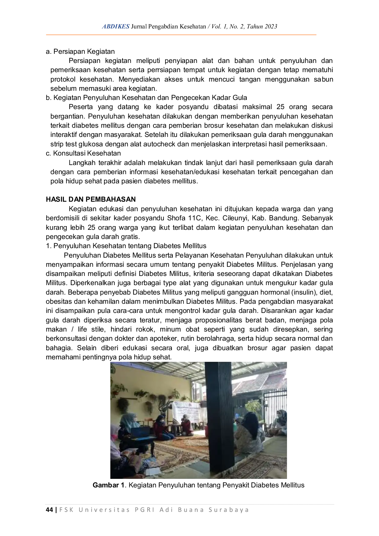 JURIS Penyuluhan dan Pengecekan Gula Darah kepada Kader Posyandu Shofa 11C Kecamatan Cileunyi Kabupaten Bandung