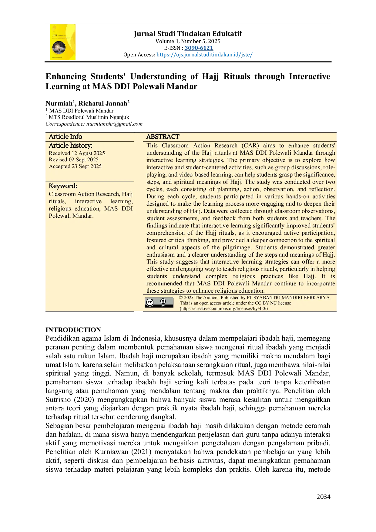 JURIS Enhancing Students Understanding of Hajj Rituals through Interactive Learning at MAS DDI Polewali Mandar