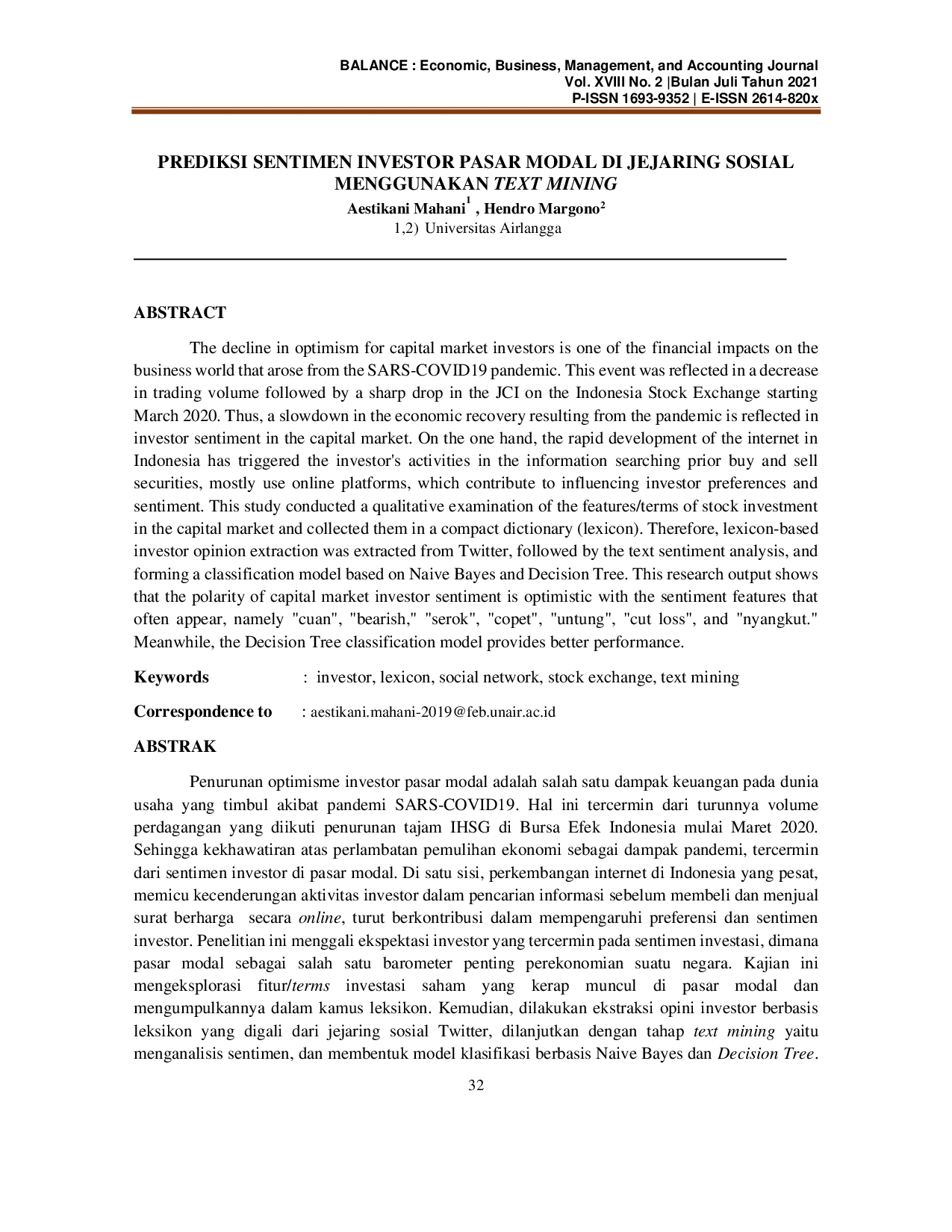 JURIS Prediksi Sentimen Investor Pasar Modal Di Jejaring Sosial Menggunakan Text Mining